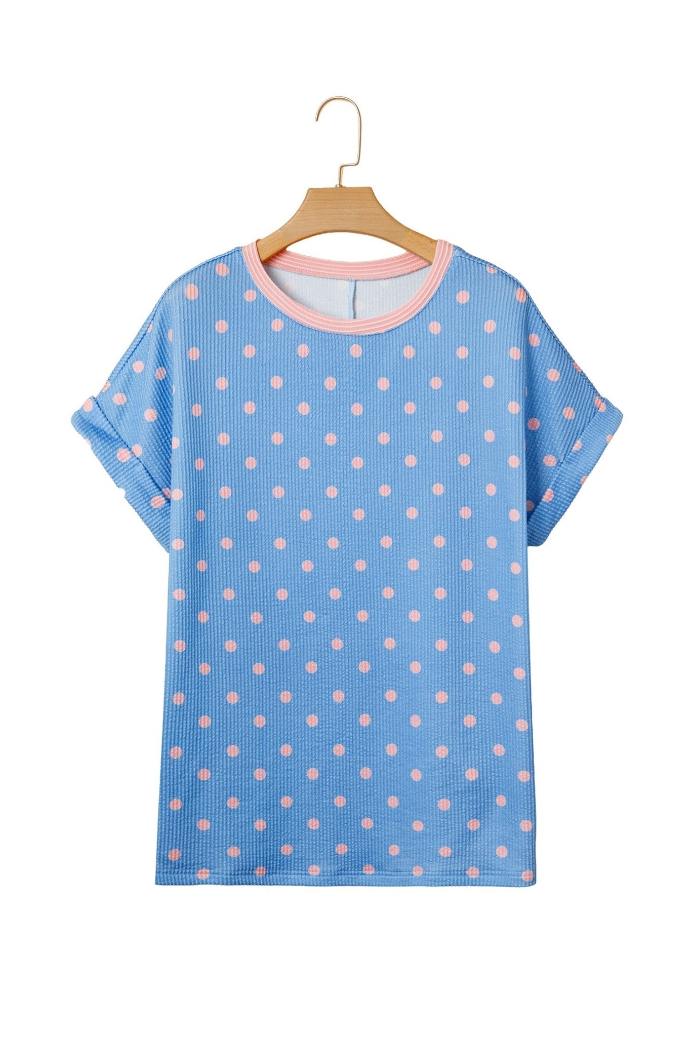 Sky Blue Raised Rib Polka Dot Print Cuffed Short Sleeve Top - Loving It Shop