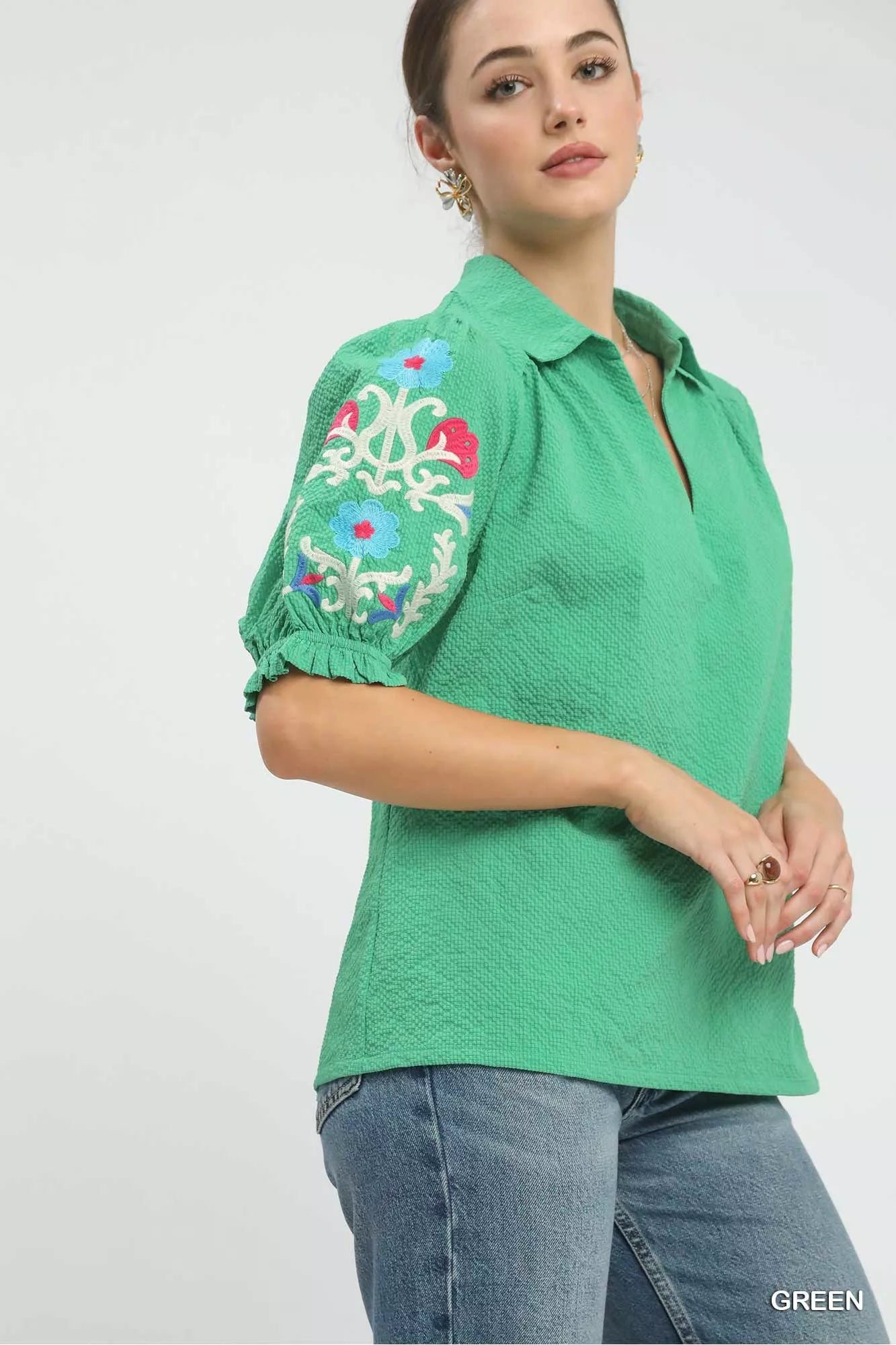 Seersucker Embroidered Sleeve Blouse