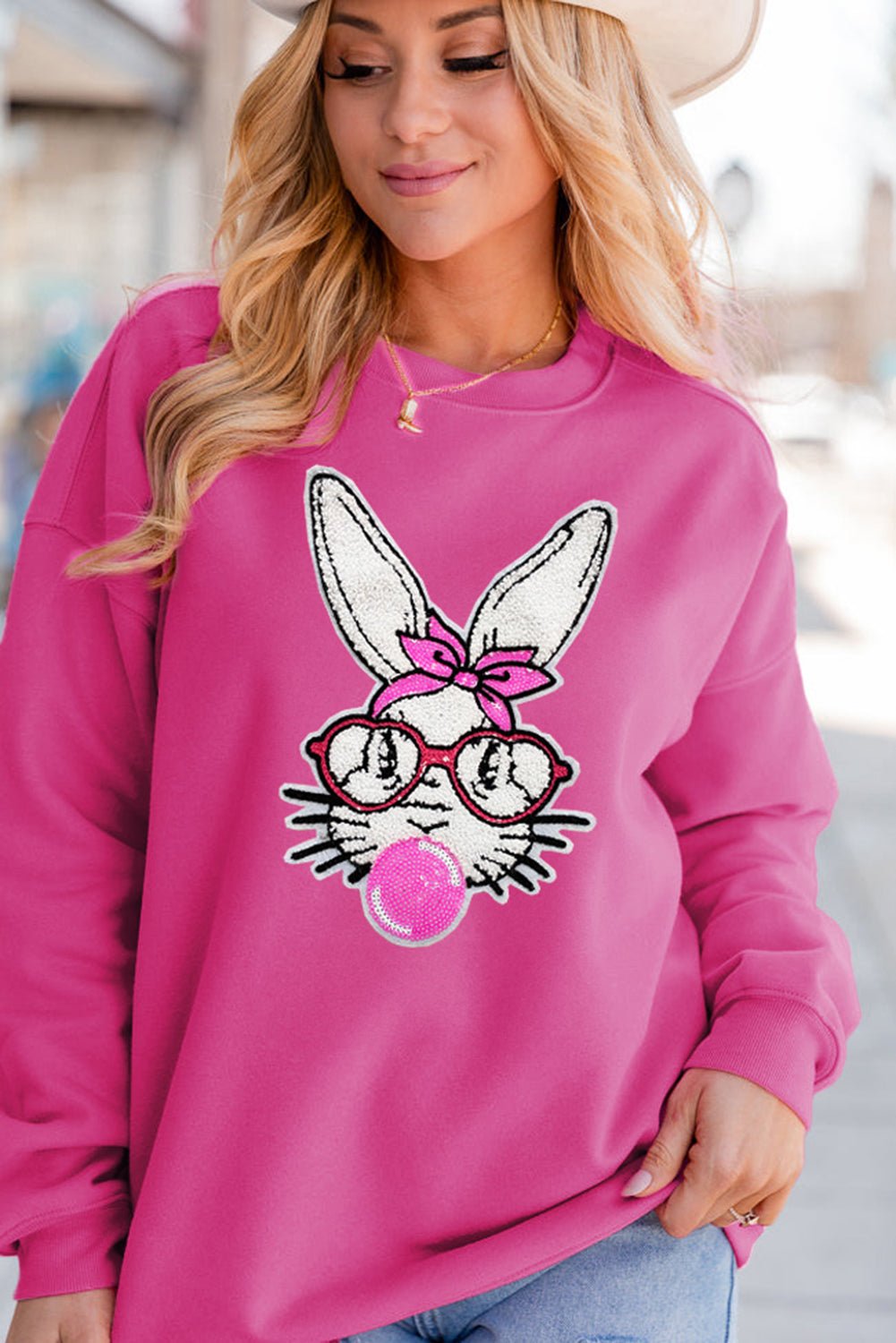 Bonbon Bubble Gum Rabbit Sequin Graphic Drop Shoulder Sweatshirt - Loving It Shop