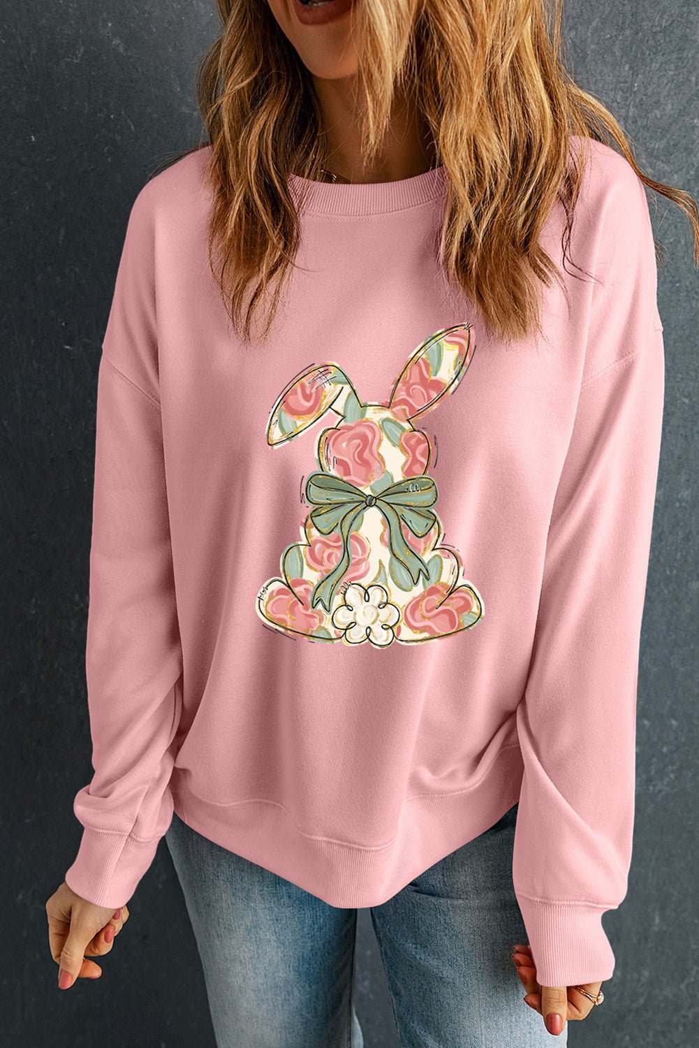 Pink Floral Bow Rabbit Easter Fashion Pullover Sweatshirt - Loving It Shop