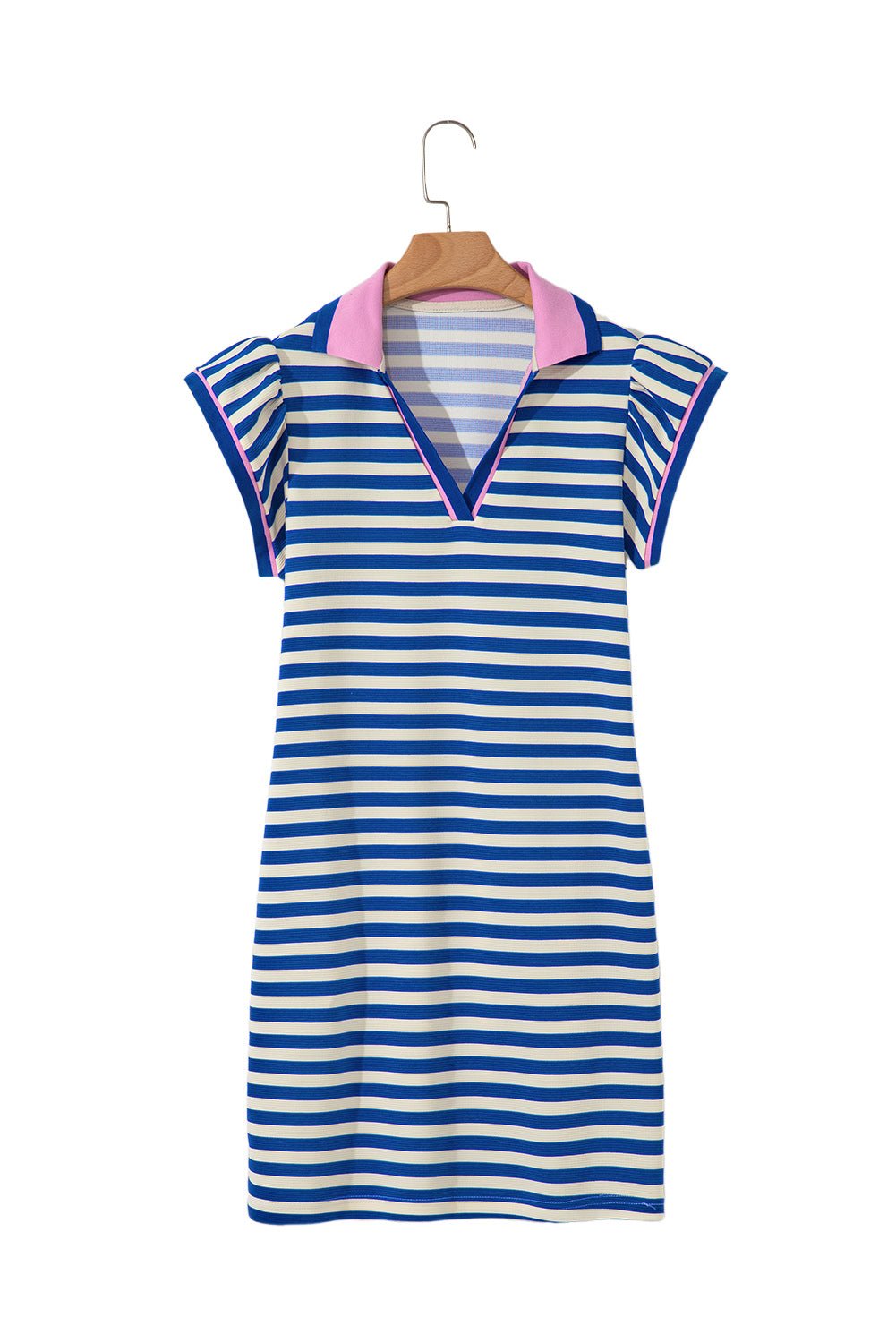 Dark Blue Stripe Print Contrast Collar Split Neck Flutter Sleeve Short Dress - Loving It Shop