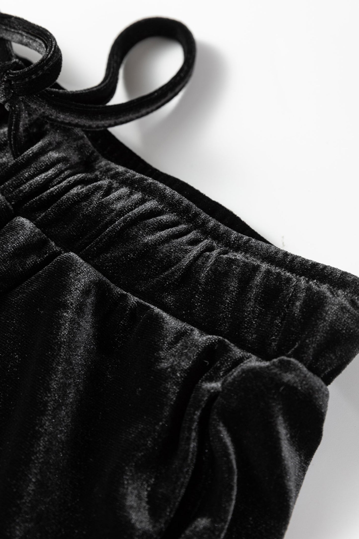 Black Shiny Velvet Drawstring High Waist Straight Leg Casual Pants
