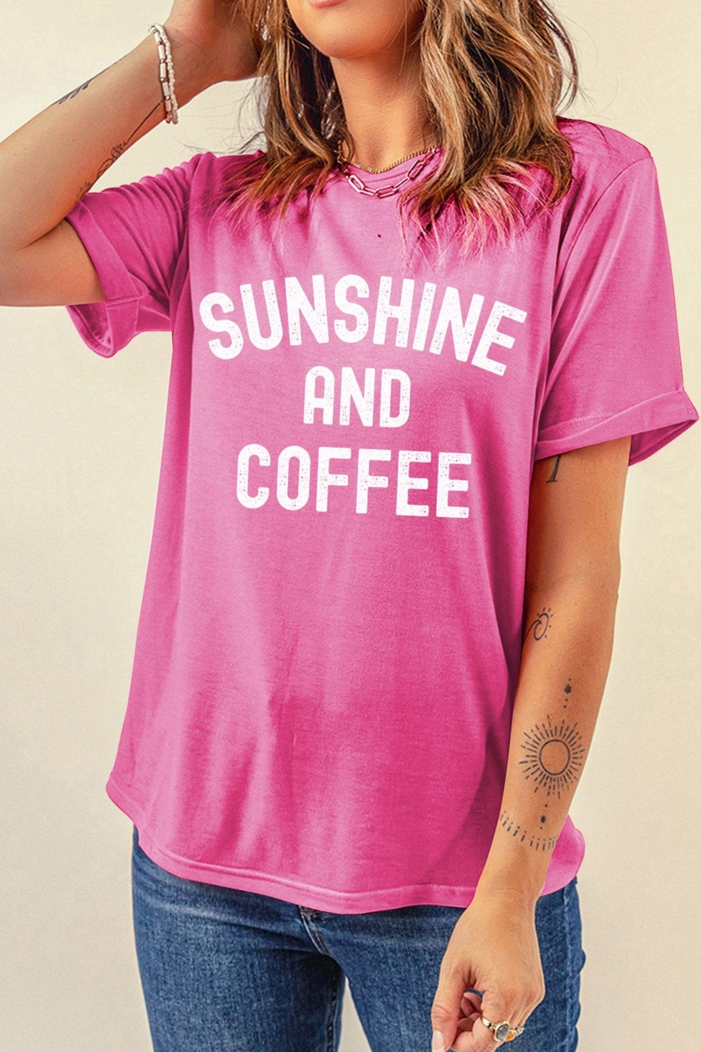 Sachet Pink SUNSHINE AND COFFEE Summer Beachwear Graphic Tee - Loving It Shop