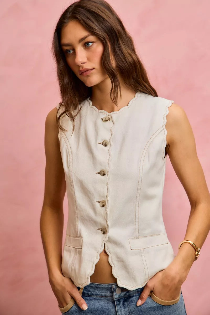 Scalloped Edge Cotton Twill Washed Vest Top
