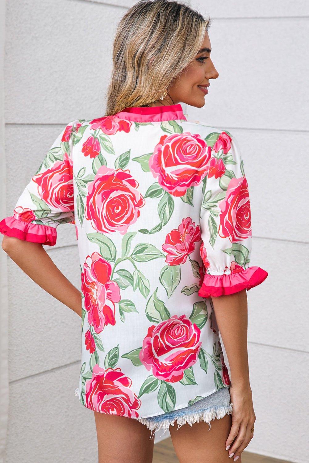 Rose Floral Frilled V Neck Short Sleeve Blouse Top - Loving It Shop