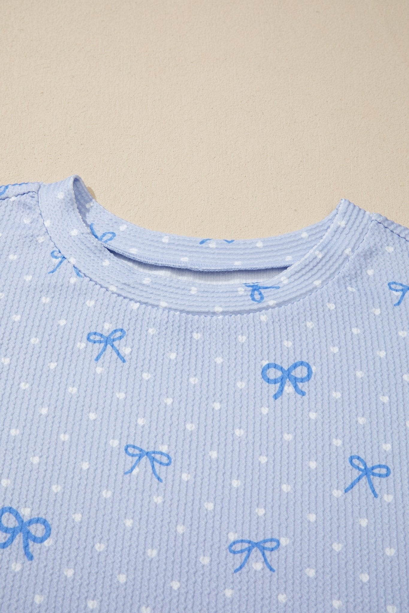 Sky Blue Tiny Heart Bow Print Twisted Rib Loose 2pcs Short Set - Loving It Shop