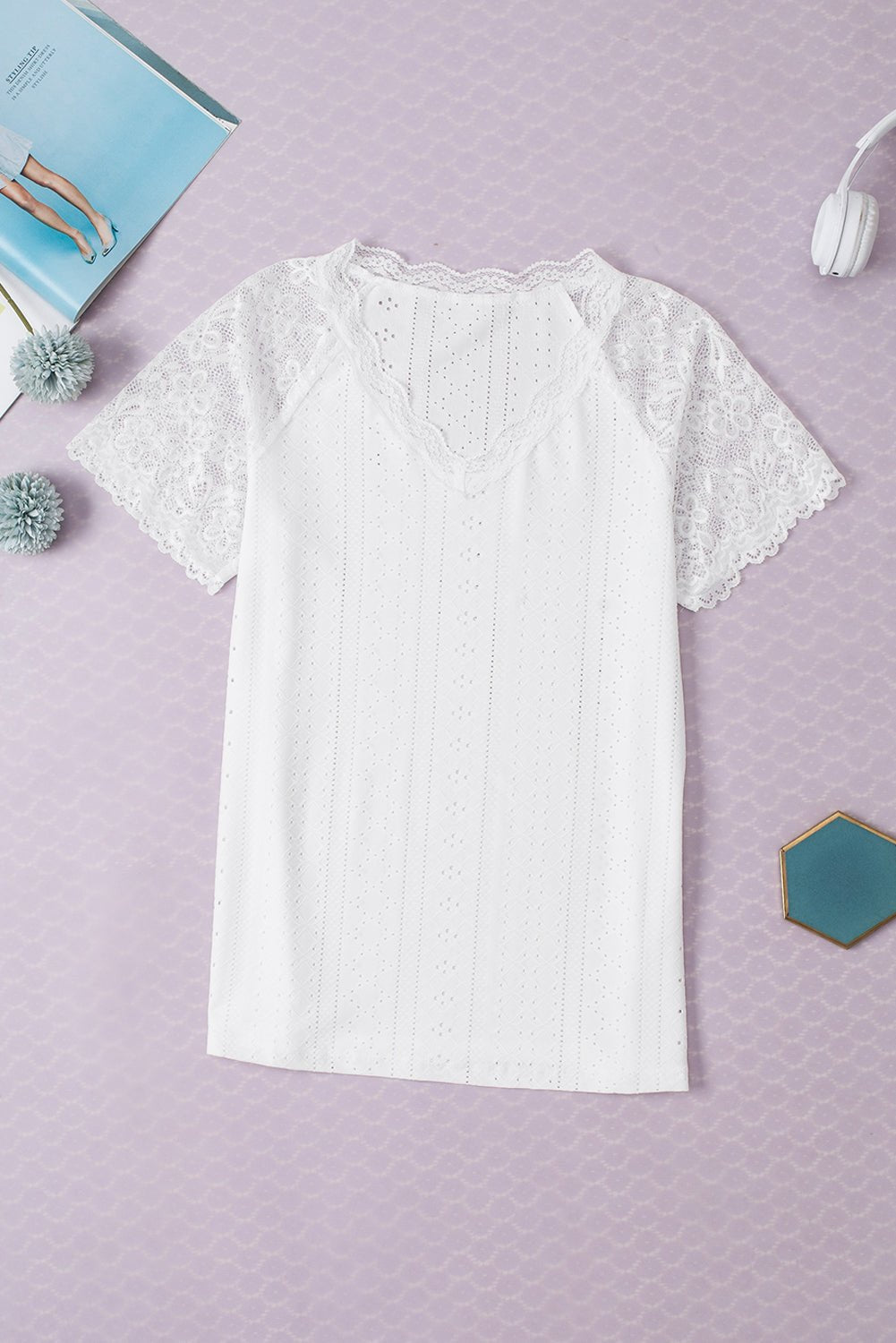 White Sheer Lace Short Sleeves Eyelet Embroidered Tee - Loving It Shop