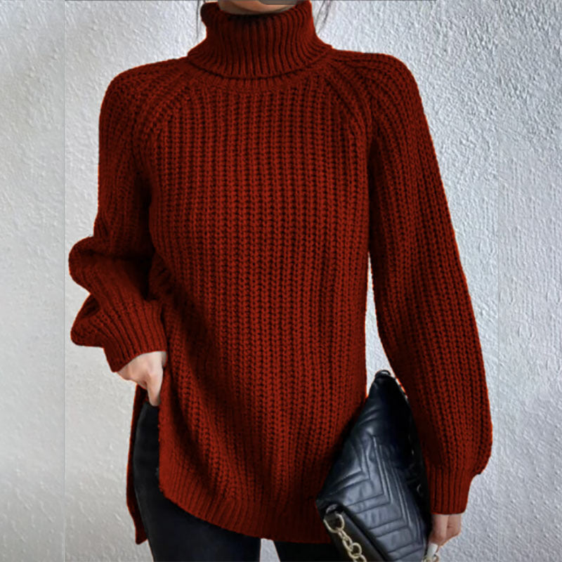 Turtleneck Pullover Sweater With Split Design Fashion Simple Solid Color Long Sleeve Tops Women&