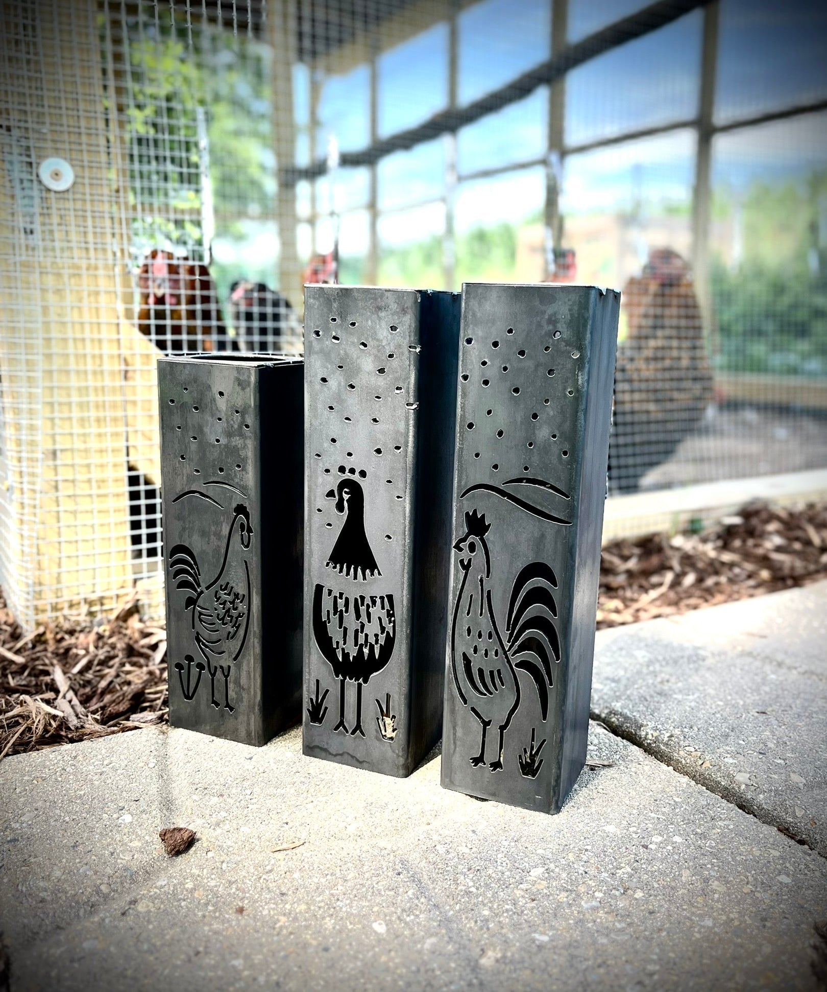 Chicken Coop Trio Luminary Pillars w/ Solar Cap