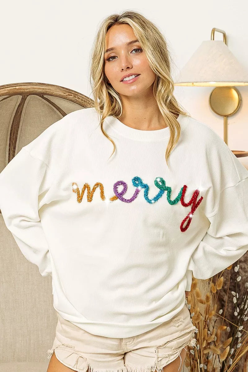 Merry Tinsel Lettering Drop Shoulder Sweatshirt