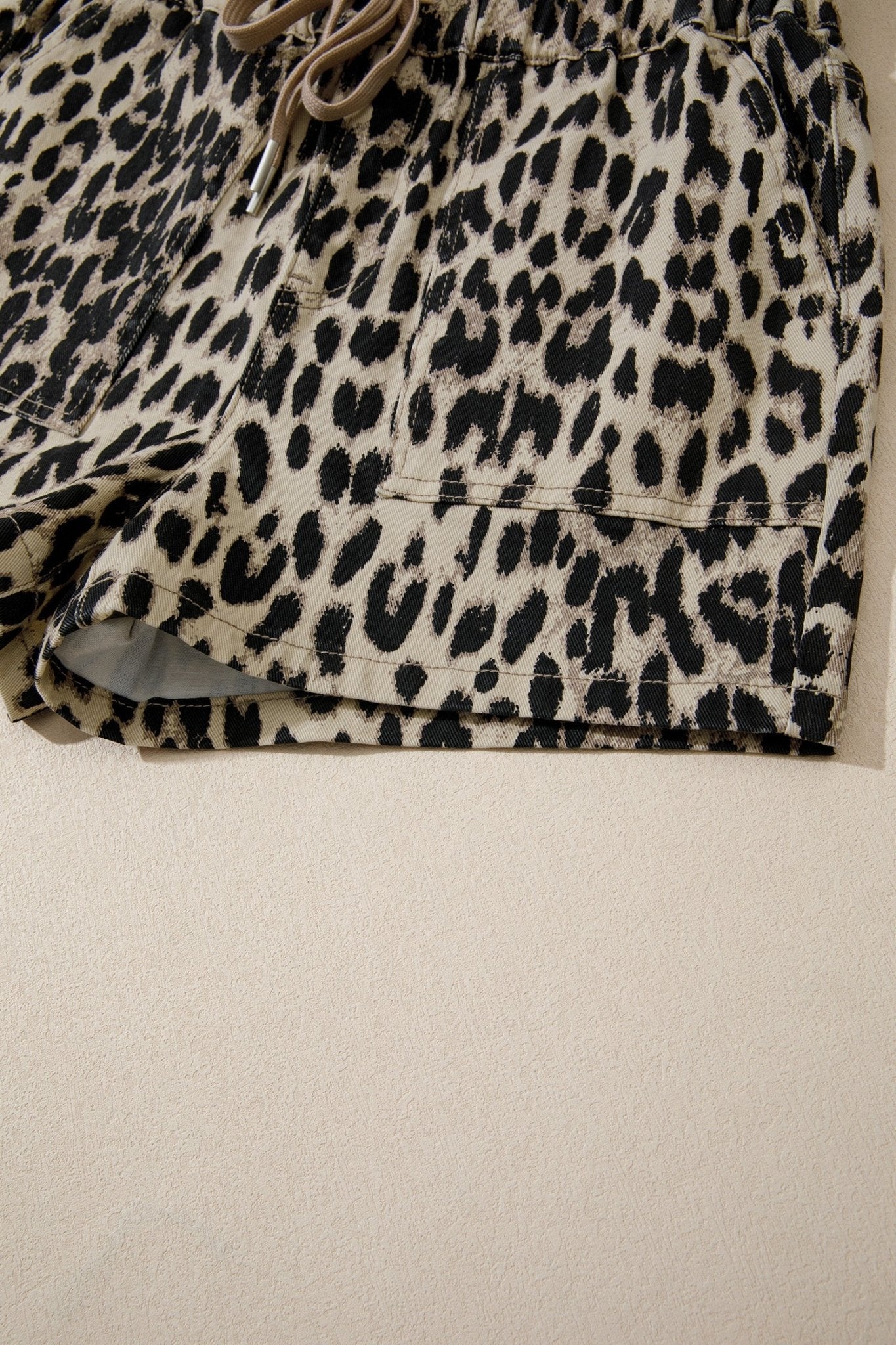 Brown Retro Leopard Print Lace - up Elastic Waistband Mid Rise Denim Shorts - Loving It Shop