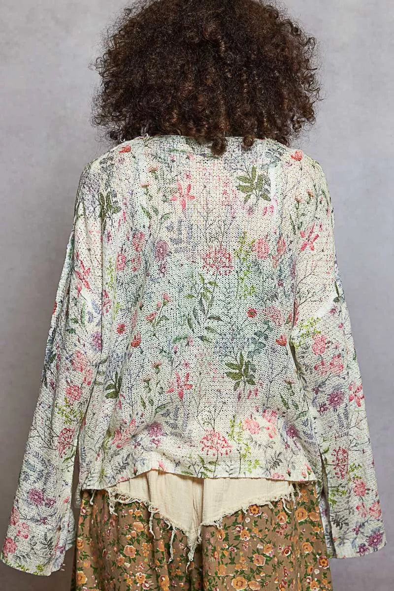 Open Front Floral Cardigan with Center Open Fringe