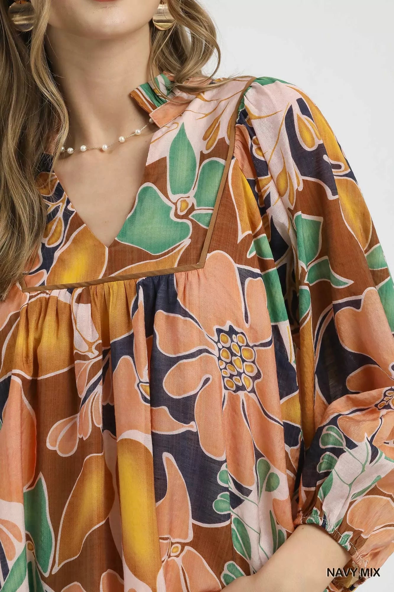 Multicolor Abstract Floral Print Blouse with Ruffle Neck