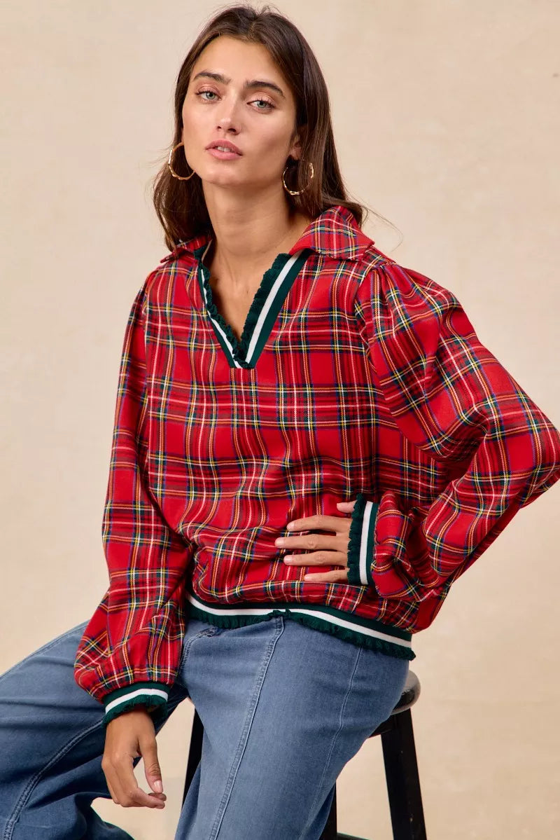 Christmas Plaid Collared Top with Ruffled Detail