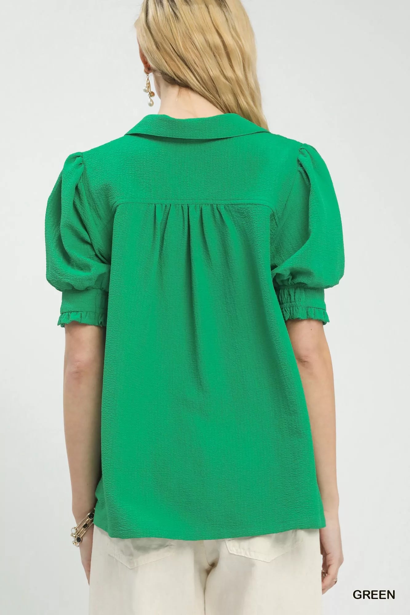 Seersucker Puff Sleeve Blouse