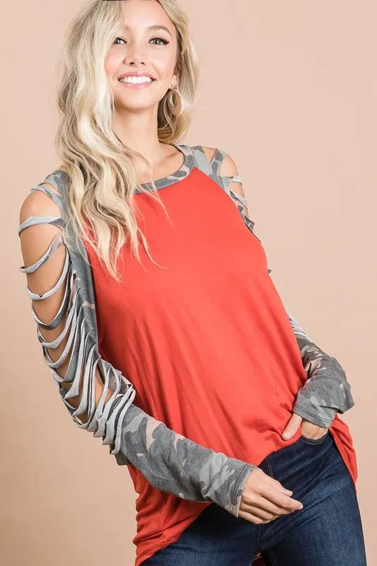 Jersey Knit Top with Camouflage Laser Cut Sleeves