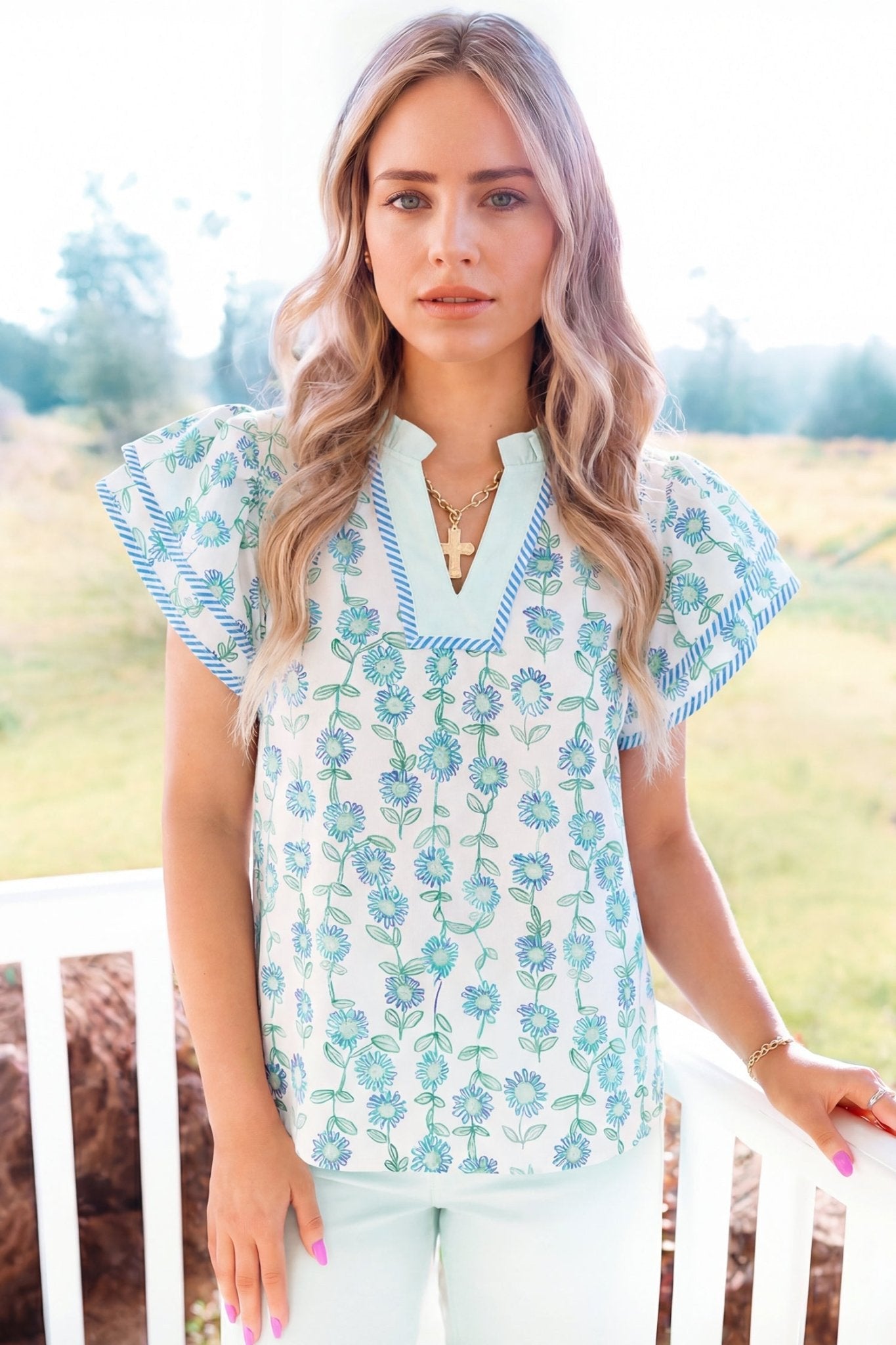 Green Floral Print Striped Detail Contrast V Neck Patchwork Flutter Sleeve Blouse - Loving It Shop