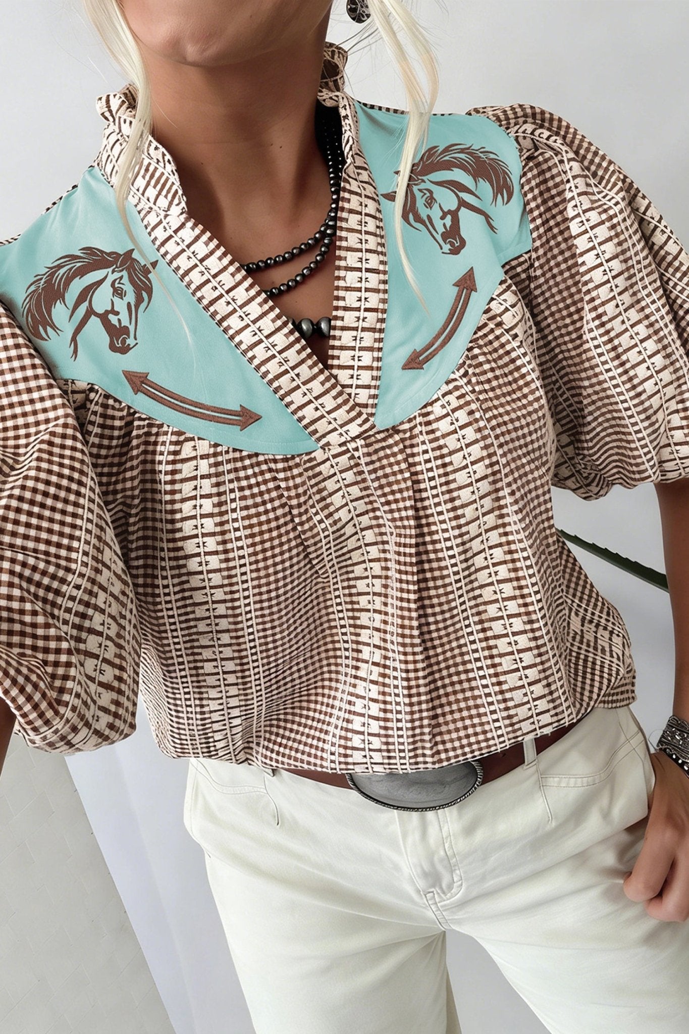 Brown Western Pony Embroidered Yoke Puff Sleeve Gingham Blouse - Loving It Shop