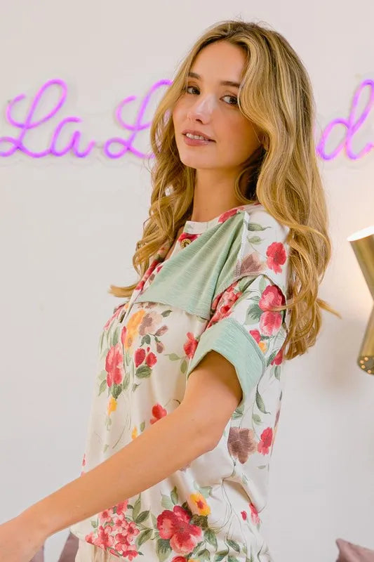 Floral Button Detail Round Neck Short Sleeve Terry T-Shirt