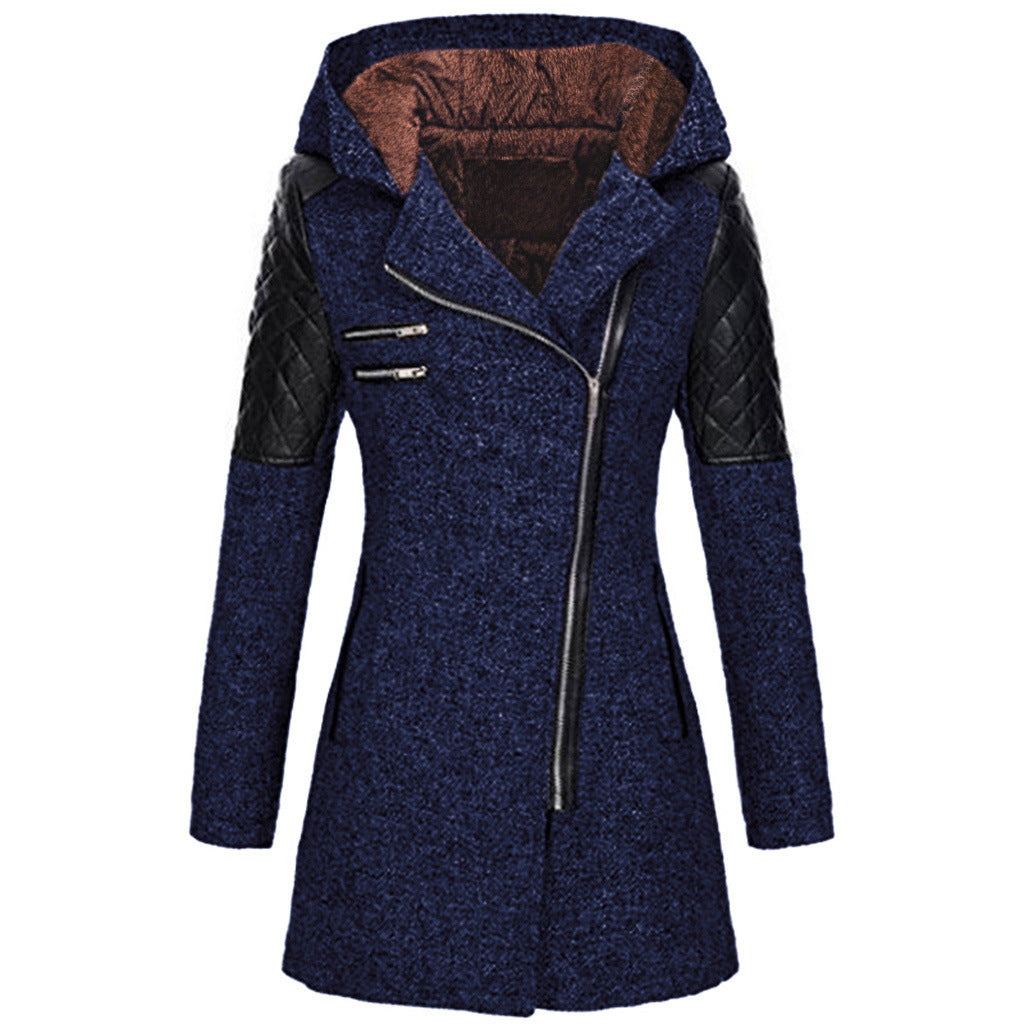 Women Warm Slim Full Zipper Coat Thick Woolen Coat Female Fall Winter Windbreaker Hooded Diagonal Zipper Women&