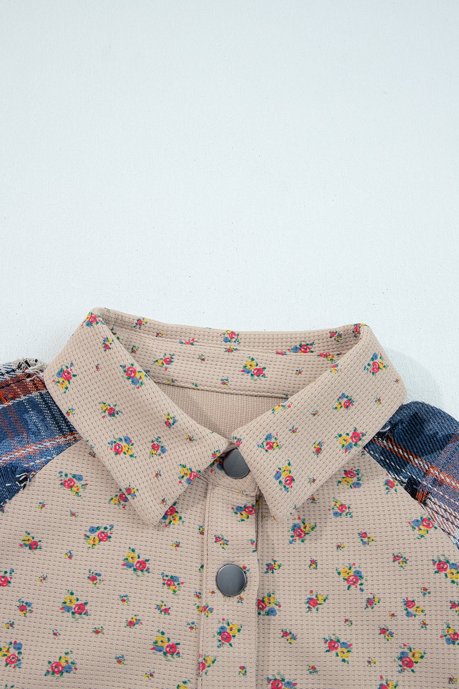 Boho Floral Plaid Patchwork Distressed Detail Ruffled Sleeve Waffle Knit Shacket