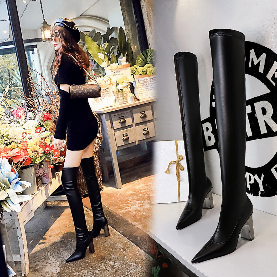 Women Thigh High Shoes Pointed Toe Over Knee Boots Square Heels
