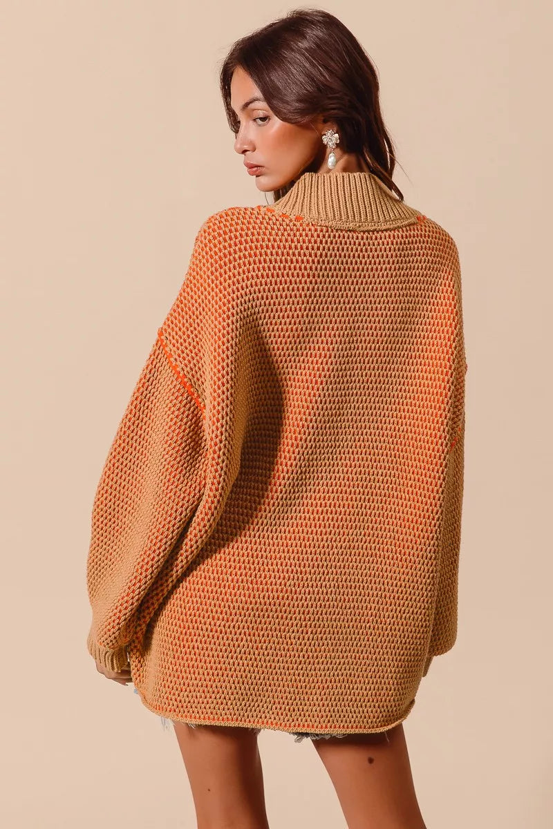 Oversized Two Tone Textured V Neck Sweater