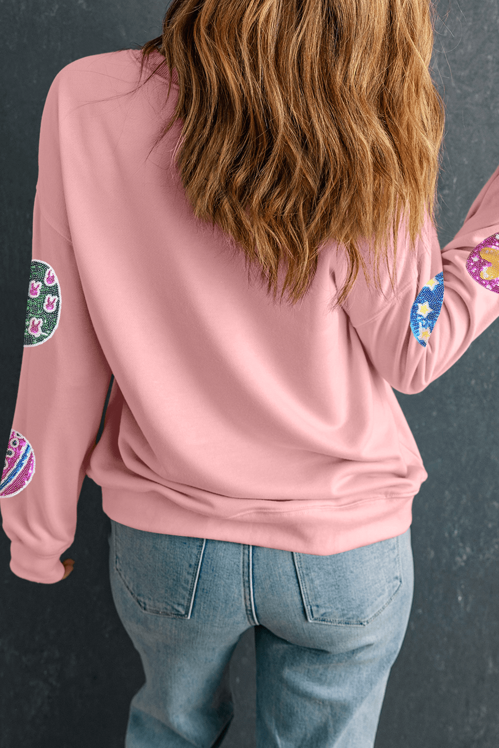 Pink Sequined Easter Egg Patched Pullover Sweatshirt - Loving It Shop