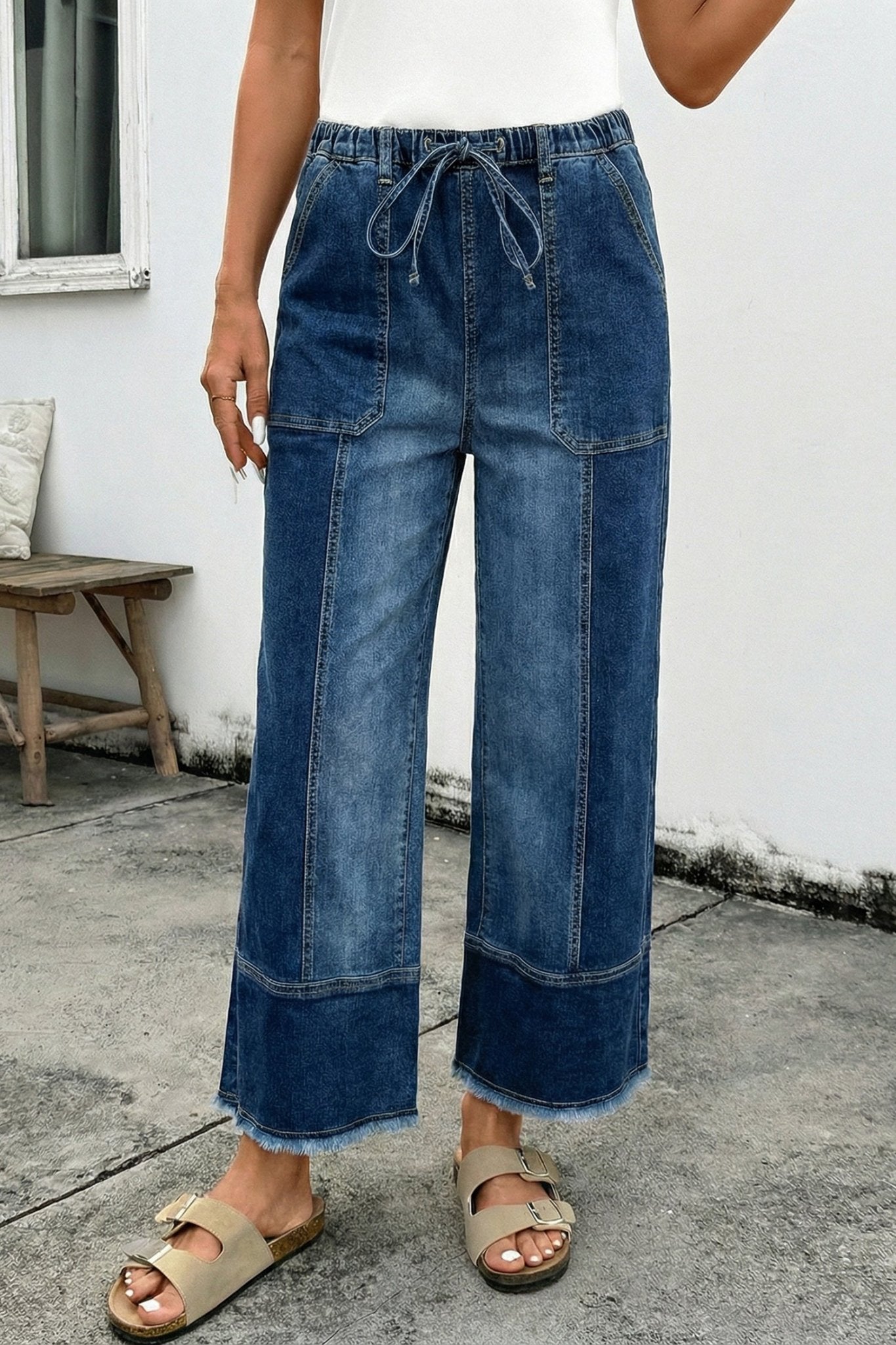 Prussian Blue Drawstring Seam Detail Raw Hem Wide Leg Denim Pants - Loving It Shop