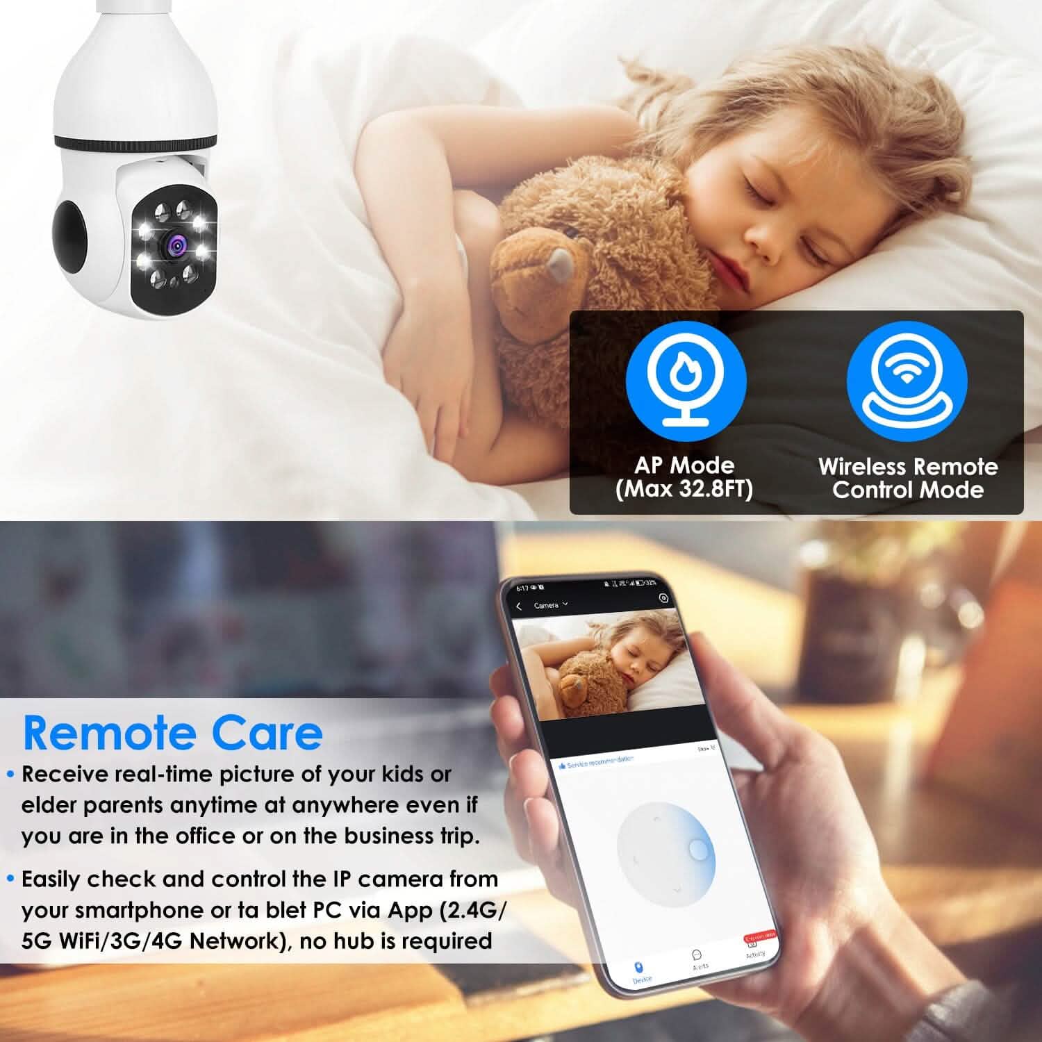 E27 WiFi Bulb Camera 1080P FHD WiFi IP Pan Tilt Security Surveillance Camera with Two-Way Audio Full Color Night Vision