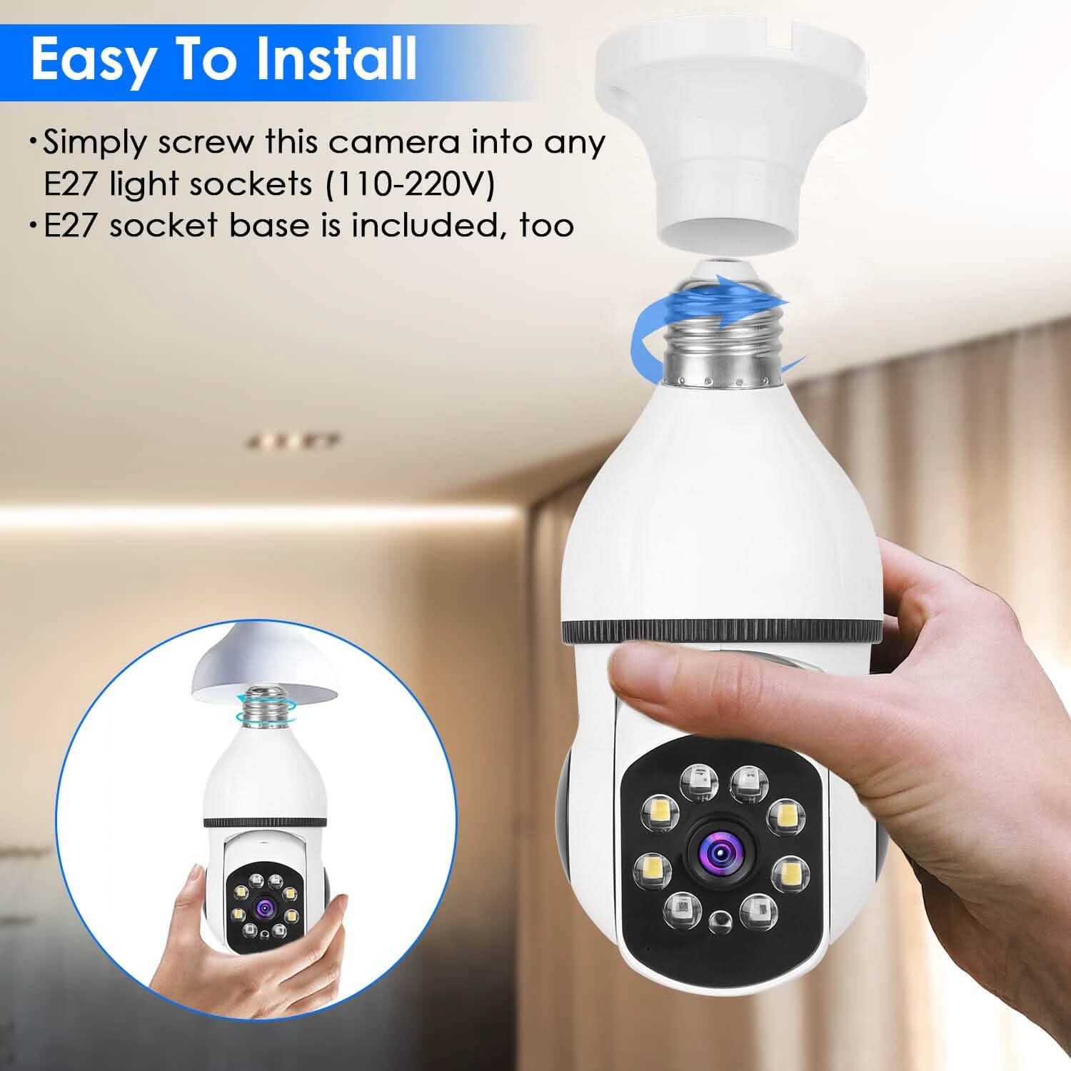 E27 WiFi Bulb Camera 1080P FHD WiFi IP Pan Tilt Security Surveillance Camera with Two-Way Audio Full Color Night Vision
