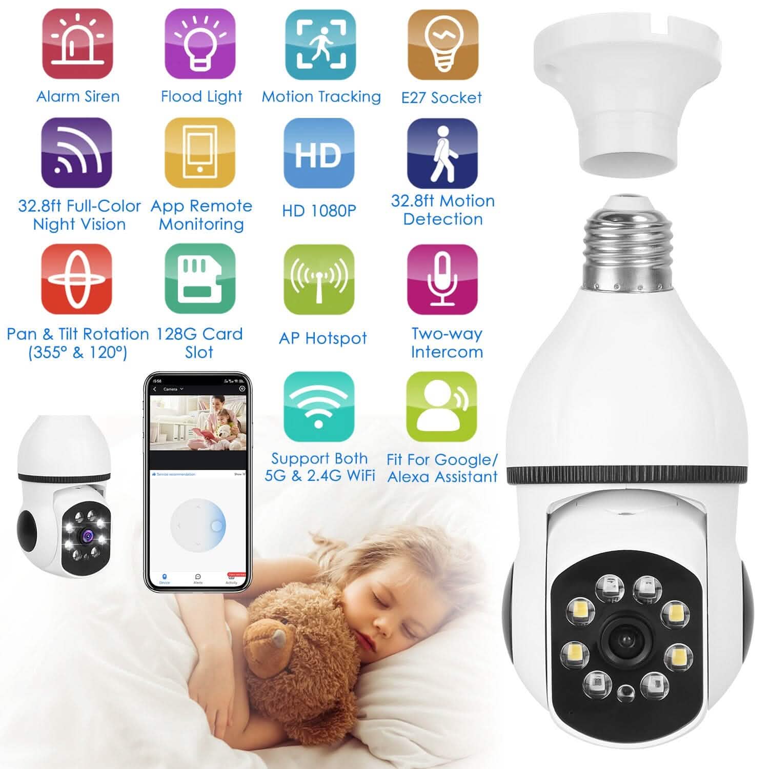 E27 WiFi Bulb Camera 1080P FHD WiFi IP Pan Tilt Security Surveillance Camera with Two-Way Audio Full Color Night Vision