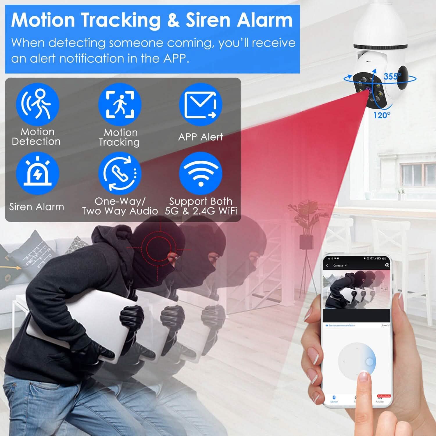 E27 WiFi Bulb Camera 1080P FHD WiFi IP Pan Tilt Security Surveillance Camera with Two-Way Audio Full Color Night Vision
