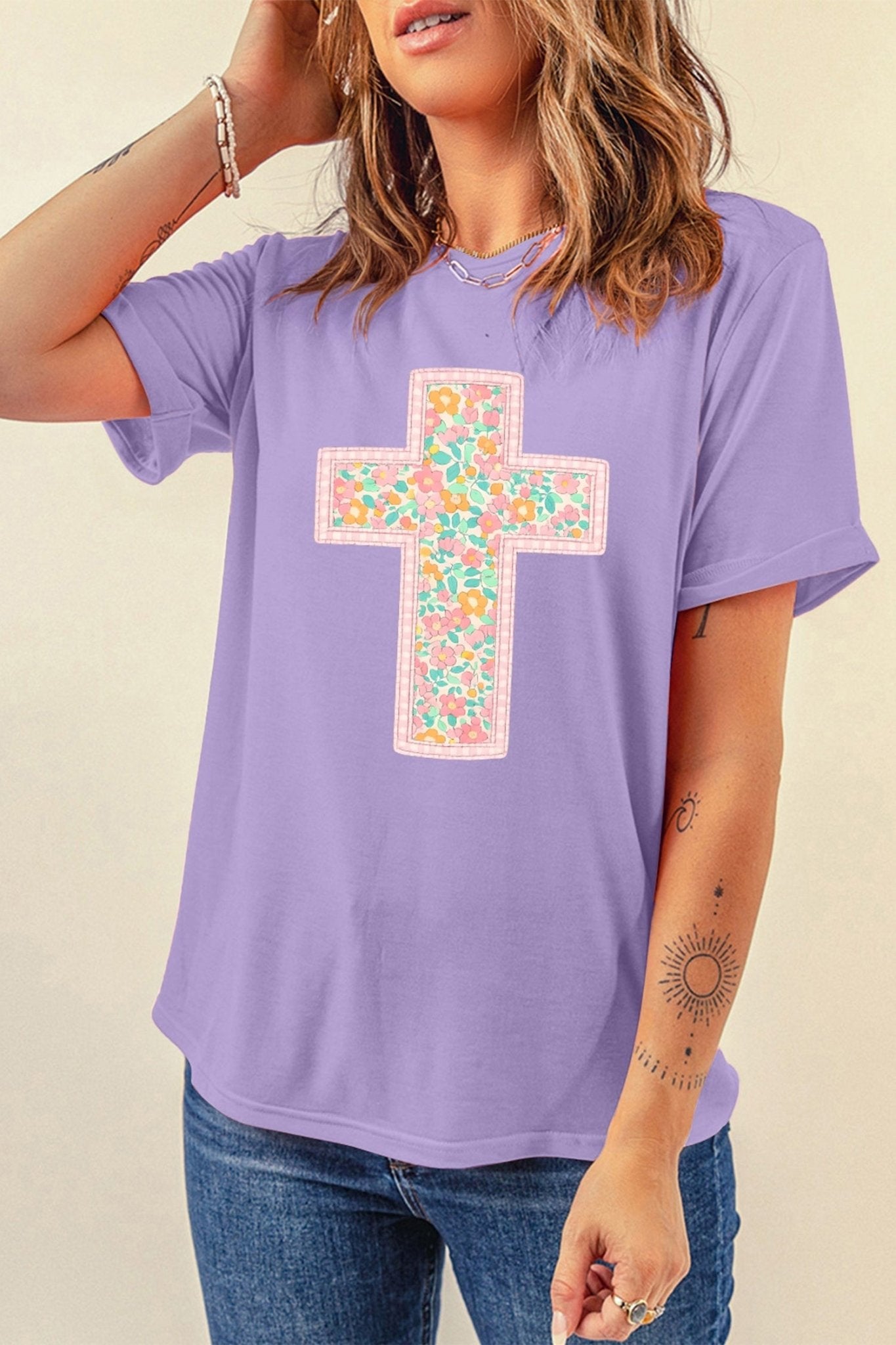 Wisteria Easter Floral Cross Christian Casual Tee - Loving It Shop