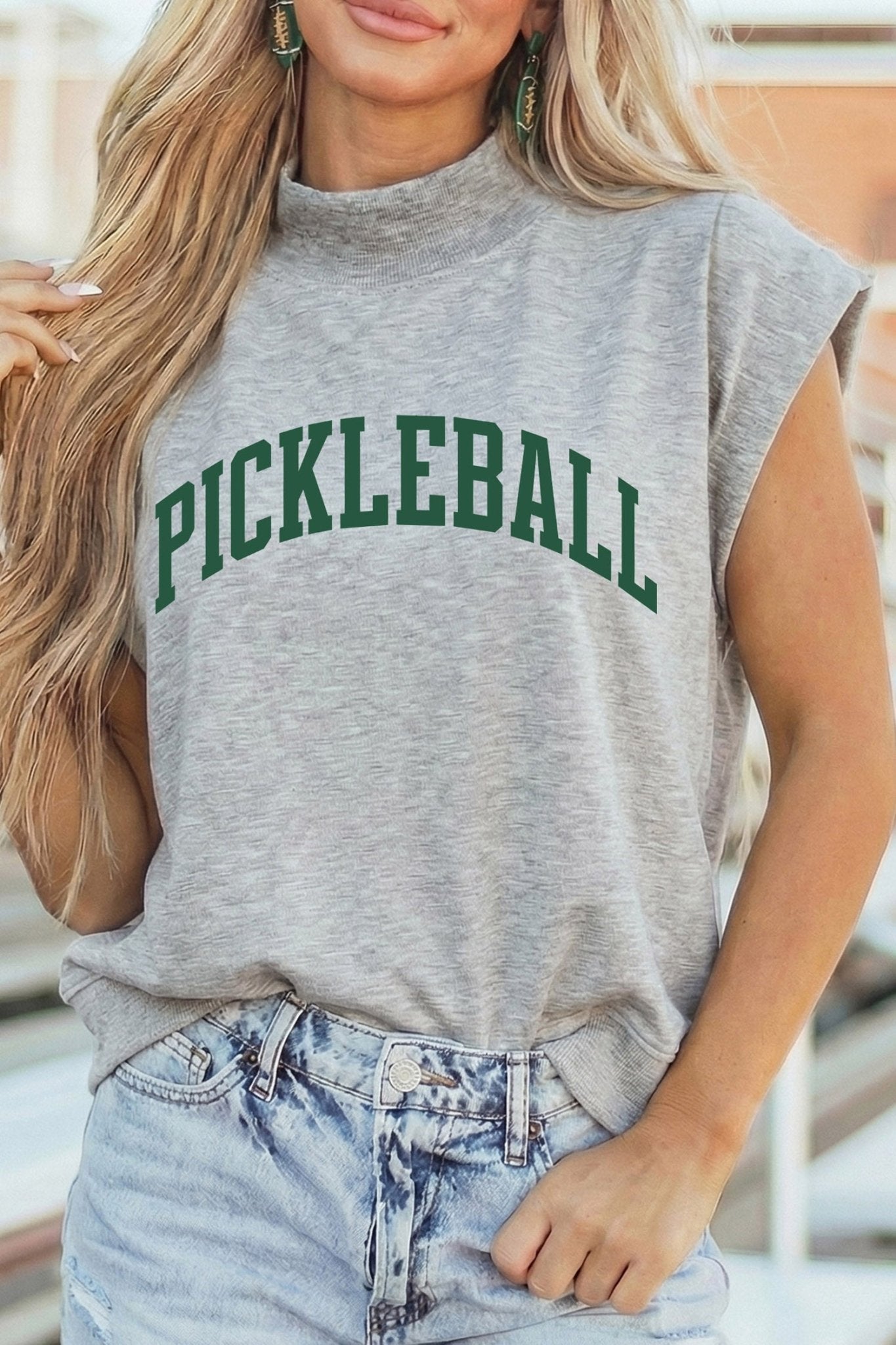Light Grey PICKLEBALL Lettering Mock Neck Short Sleeve Top - Loving It Shop