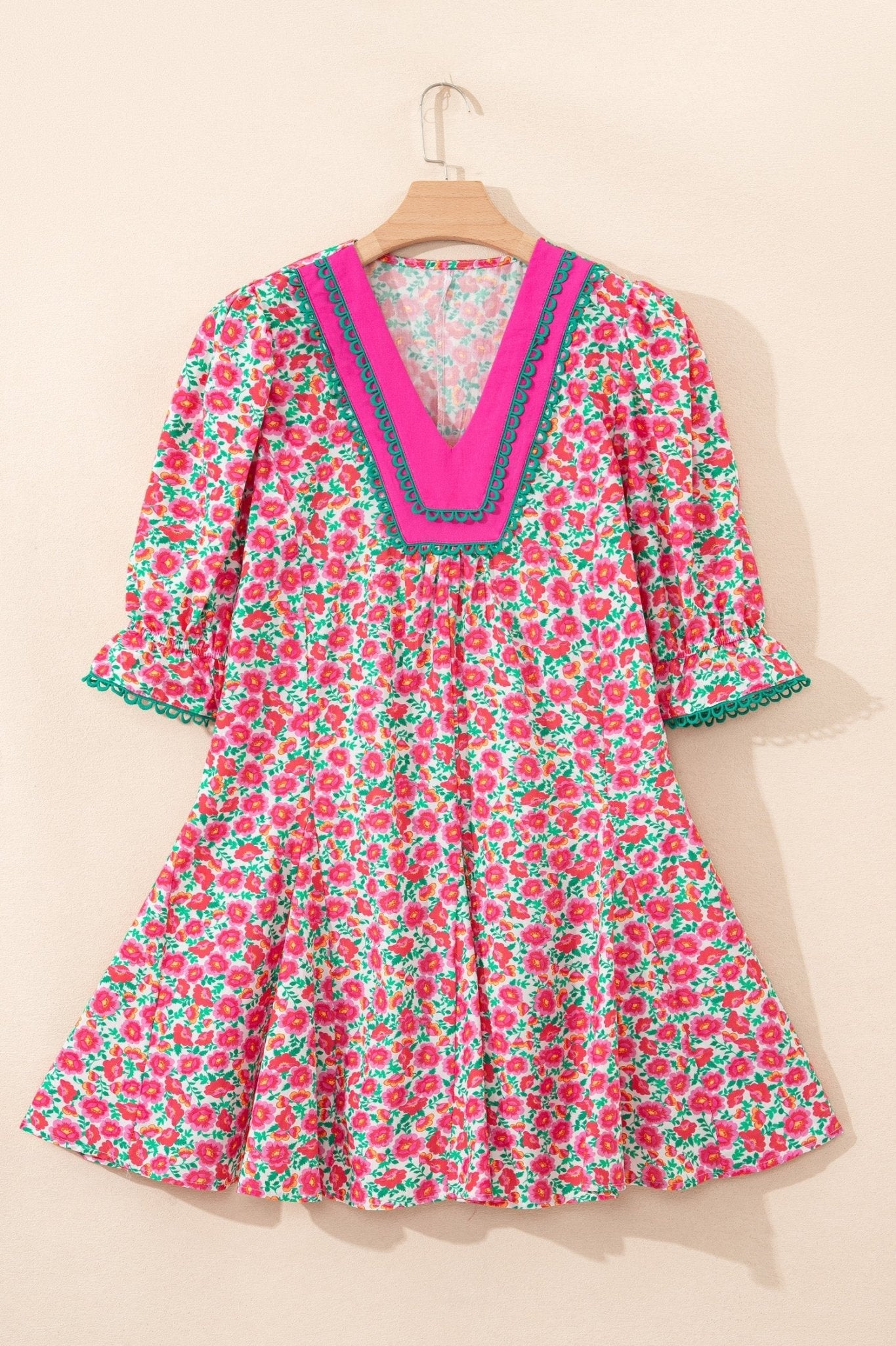 Pink Floral Print V Neck Patchwork Short Bubble Sleeve Mini Dress - Loving It Shop