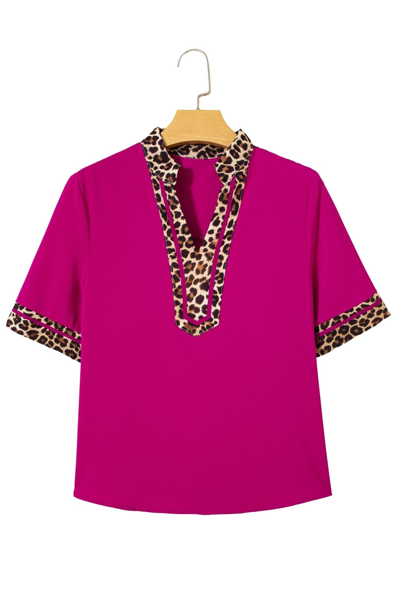 Violet Leopard Patchwork Trim Split Neck Short Sleeve Blouse - Loving It Shop