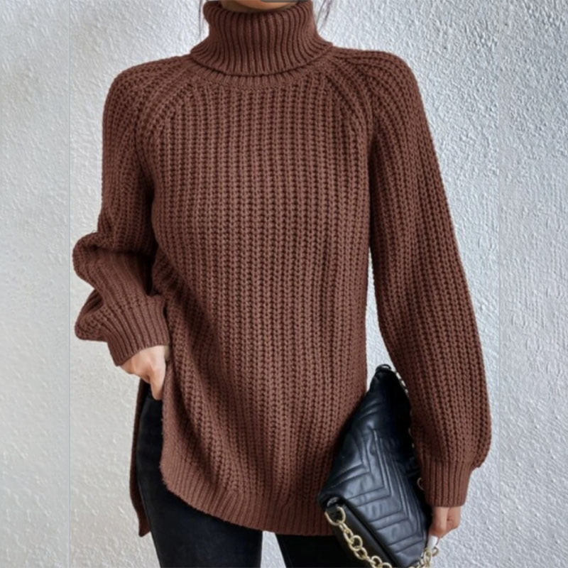 Turtleneck Pullover Sweater With Split Design Fashion Simple Solid Color Long Sleeve Tops Women&