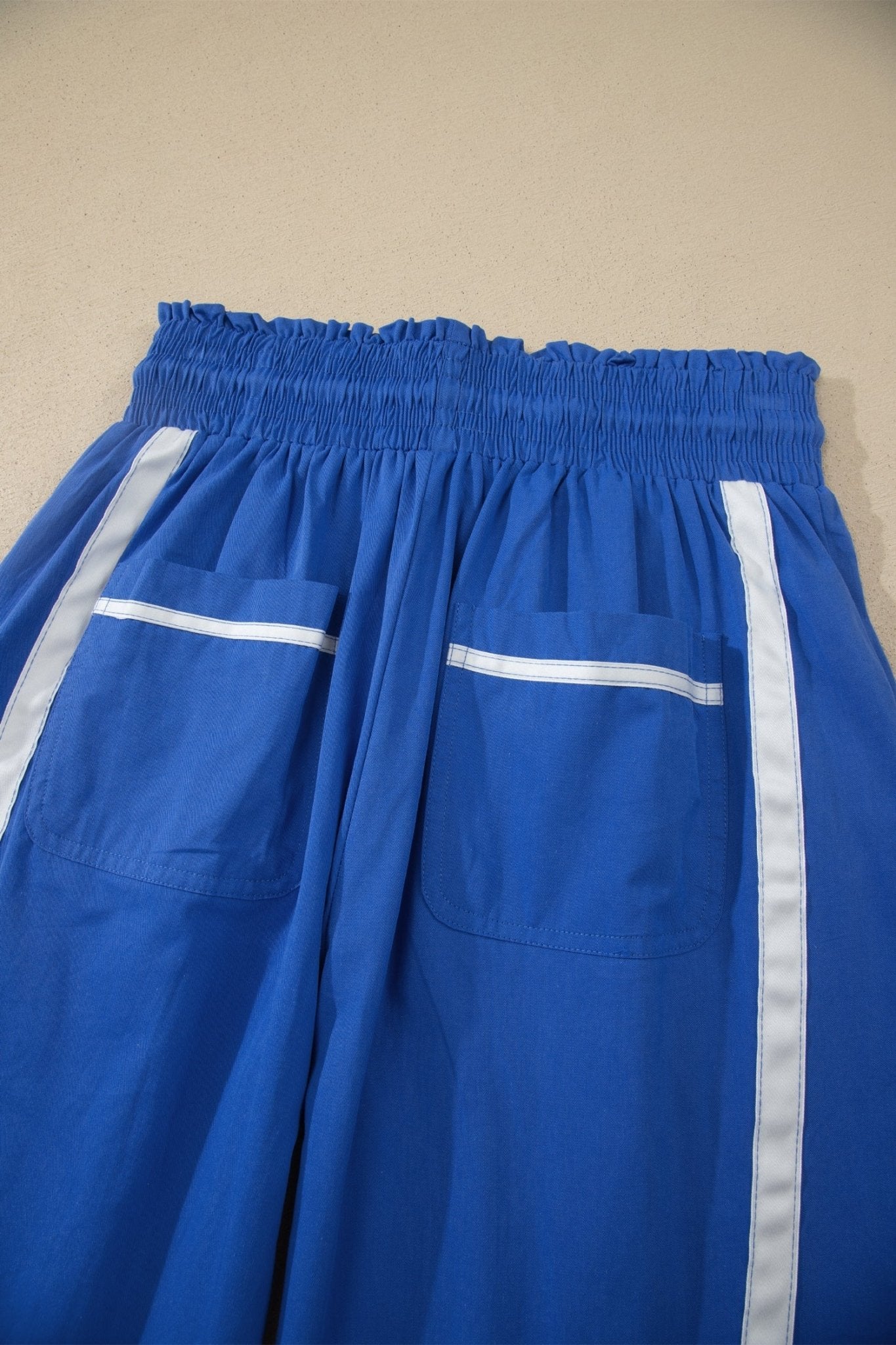Dark Blue Contrast Striped Smocked Waist Drawstring Cropped Casual Pants - Loving It Shop