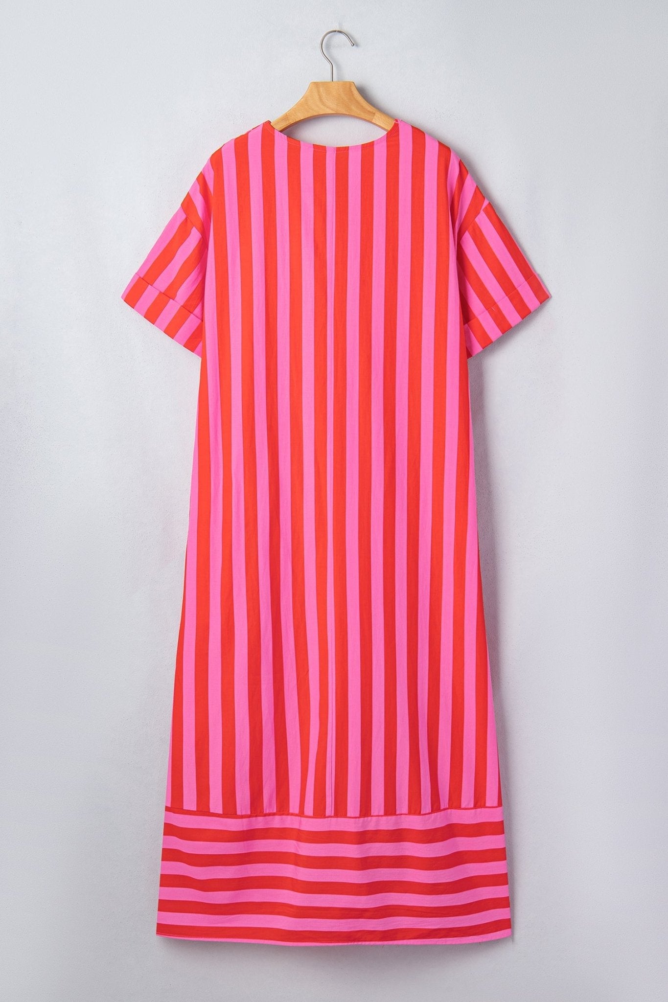 Red Stripe V Neck Cuffed Sleeve Relaxed Split Midi Dress - Loving It Shop
