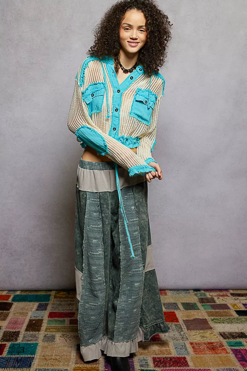 Texture Woven Button Down Hooded Shirt with Drawstring Hem