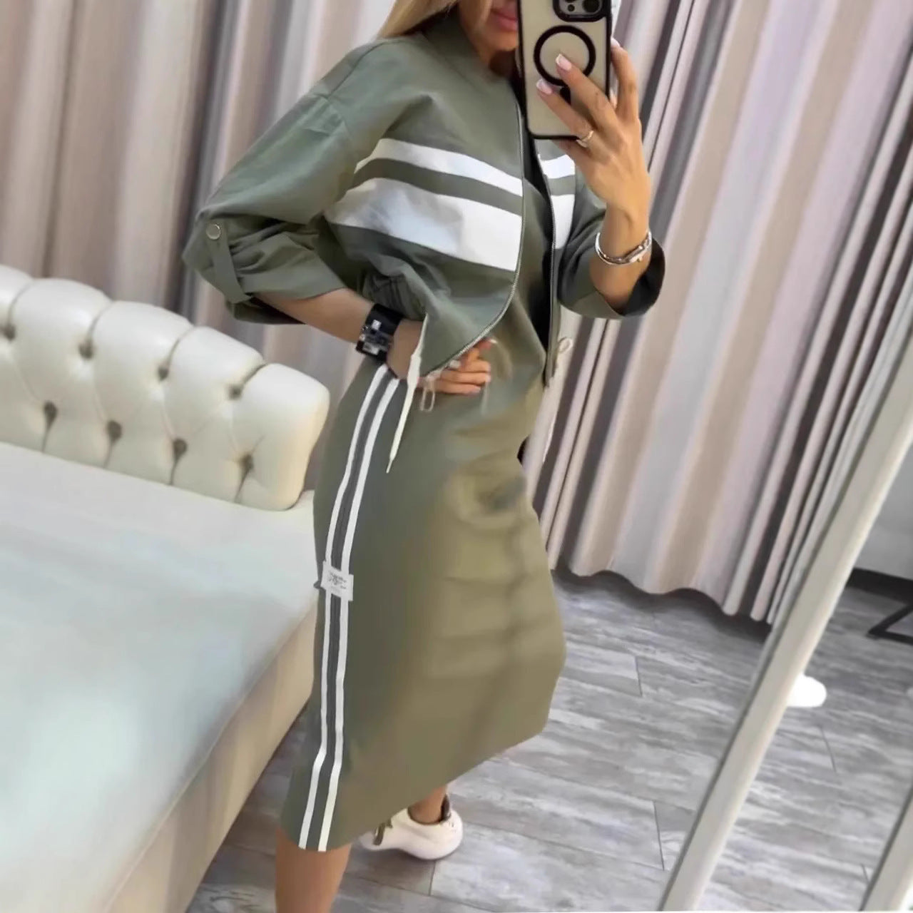 Casual Zipper White Stripe Edge Jacket Coat Dress Women&