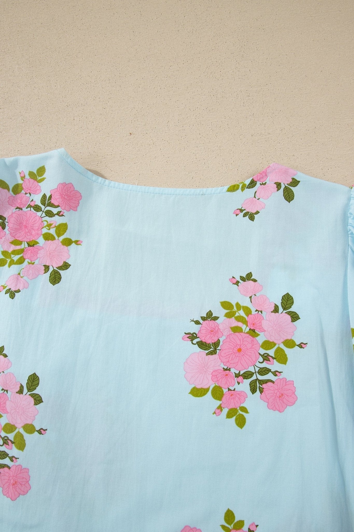 Sky Blue Floral Printed Contrast Ricrac Detail Bubble Sleeve Blouse - Loving It Shop