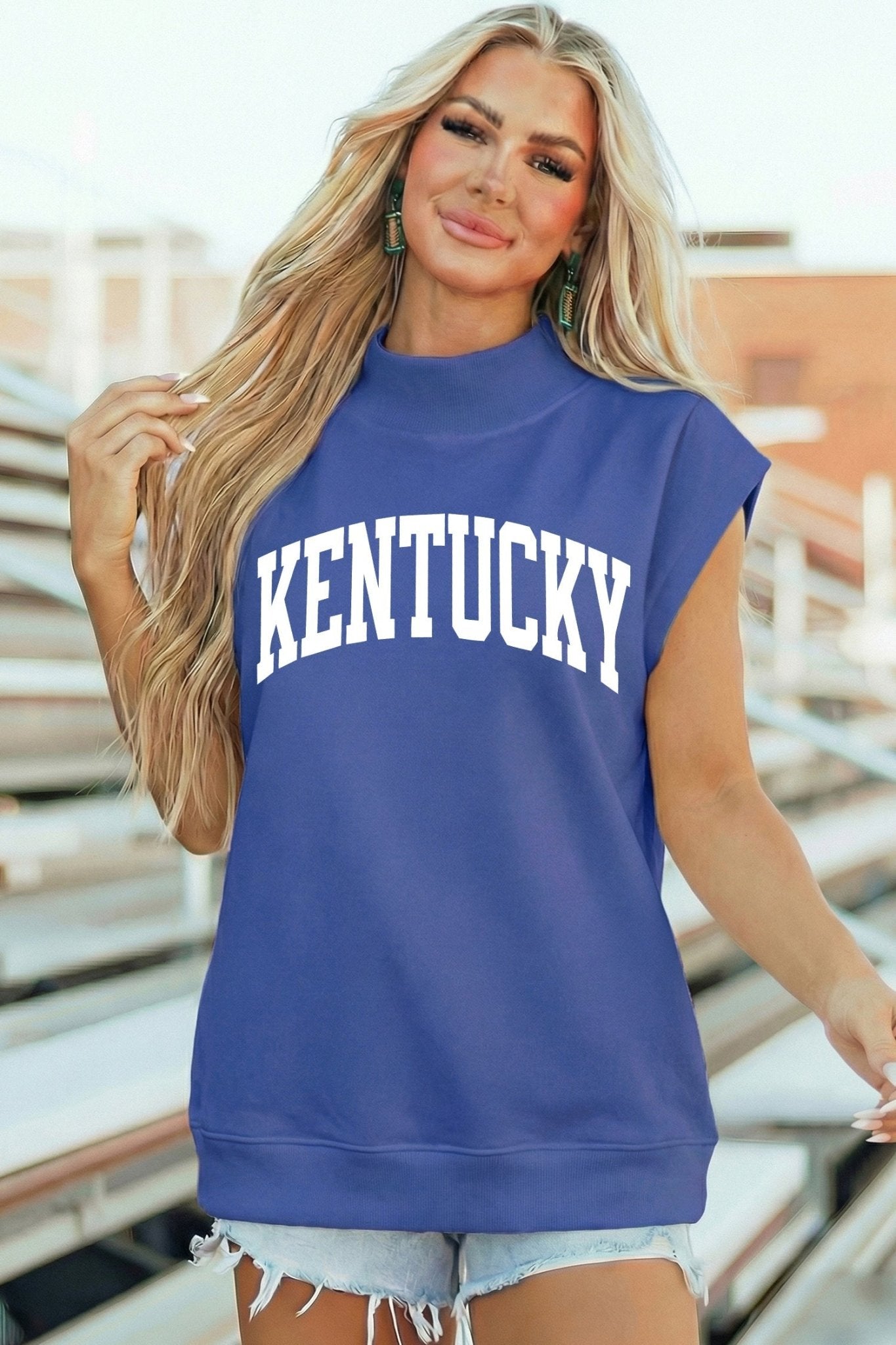 Sky Blue KENTUCKY Leopard KY Double Side Printed Mock Neck Tee - Loving It Shop