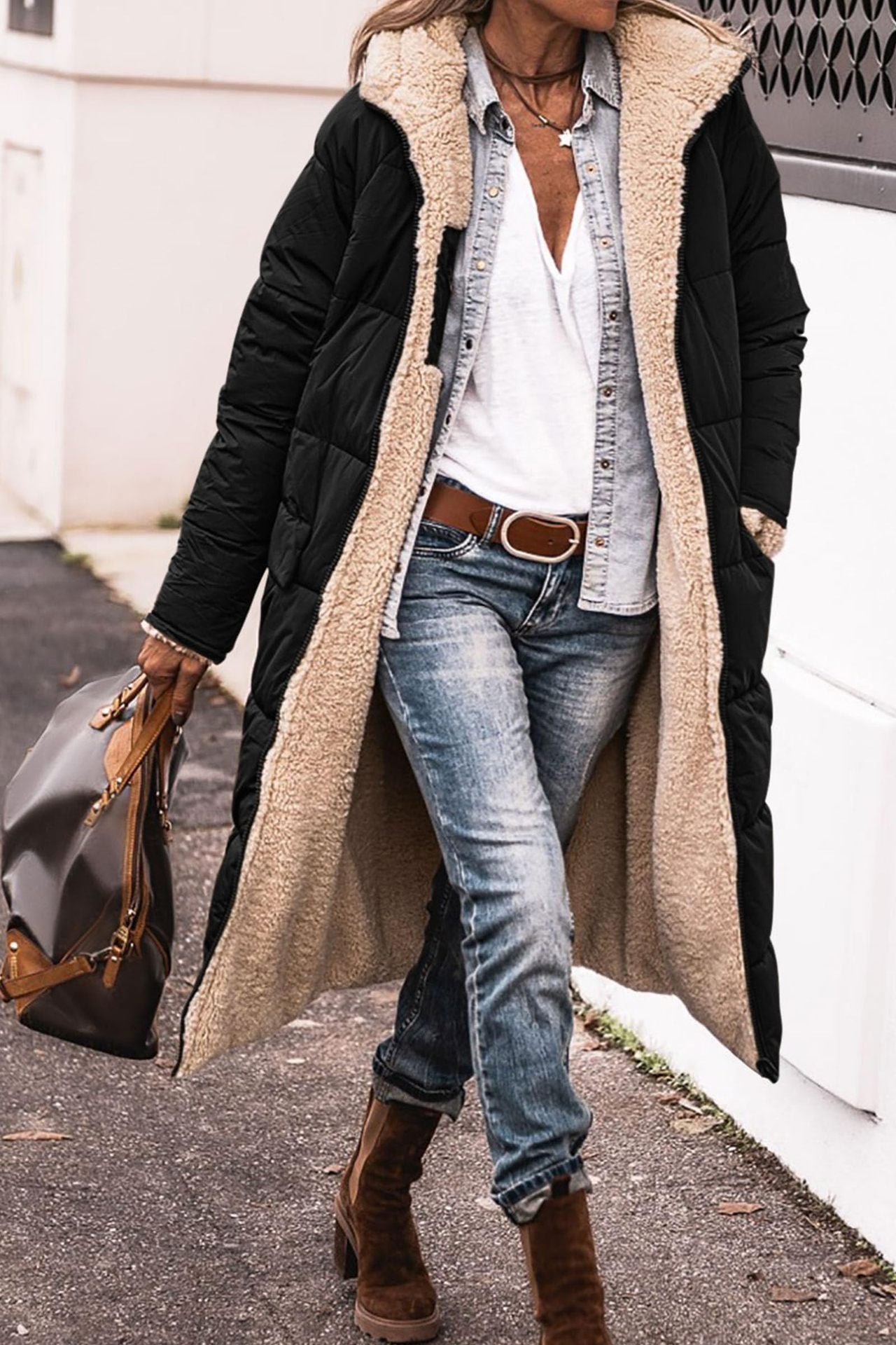 Solid Color Hooded Long Coat Winter Long Sleeve Double-sided Wear Slim Elegant Cardigan Jacket Top Women&