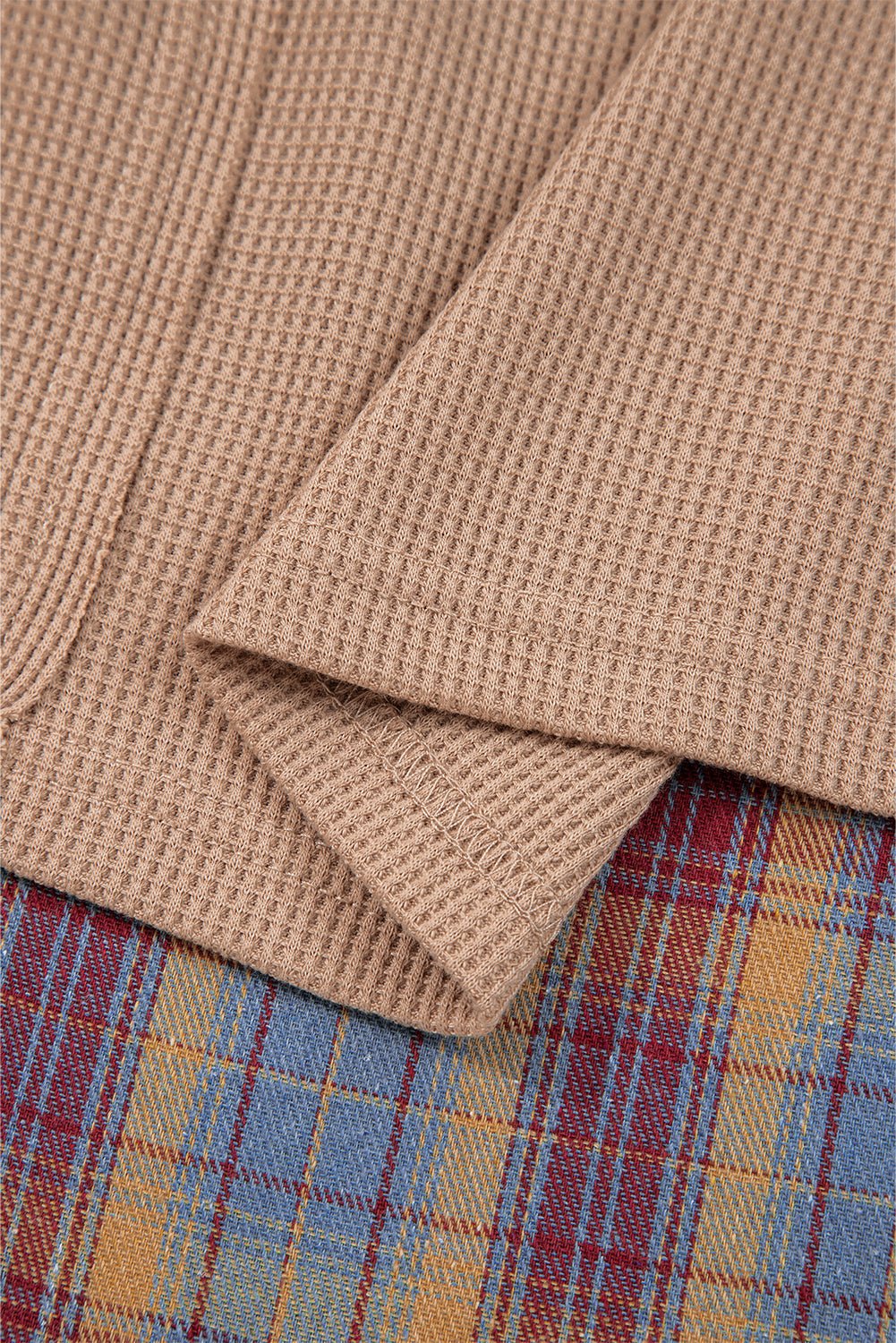 Straw Yellow Waffle Stripe Plaid Patchwork Henley Knit Top - Loving It Shop