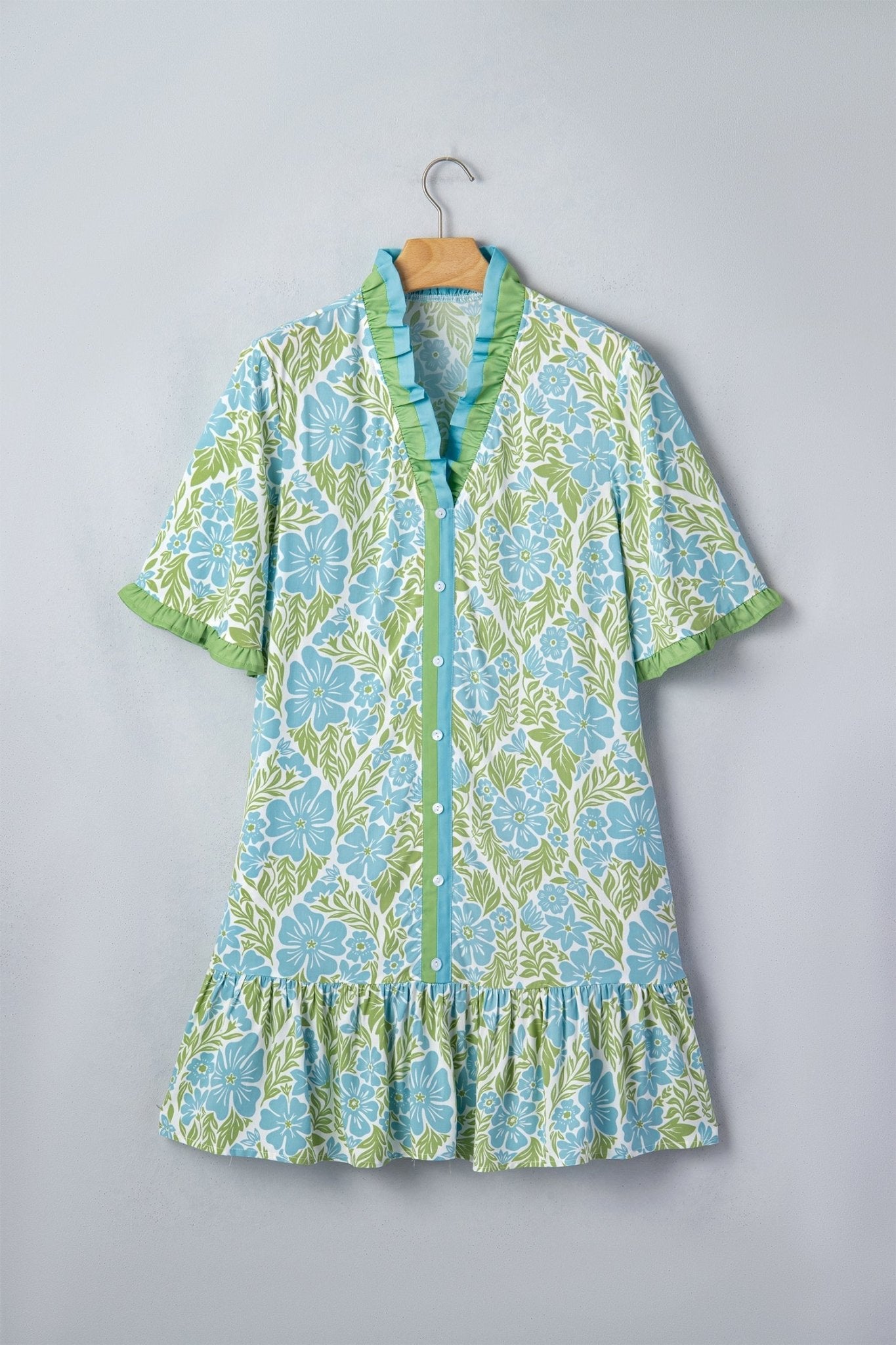 Sky Blue Botanical Floral Print Frilled Trim V Neck Button Front Loose Dress - Loving It Shop