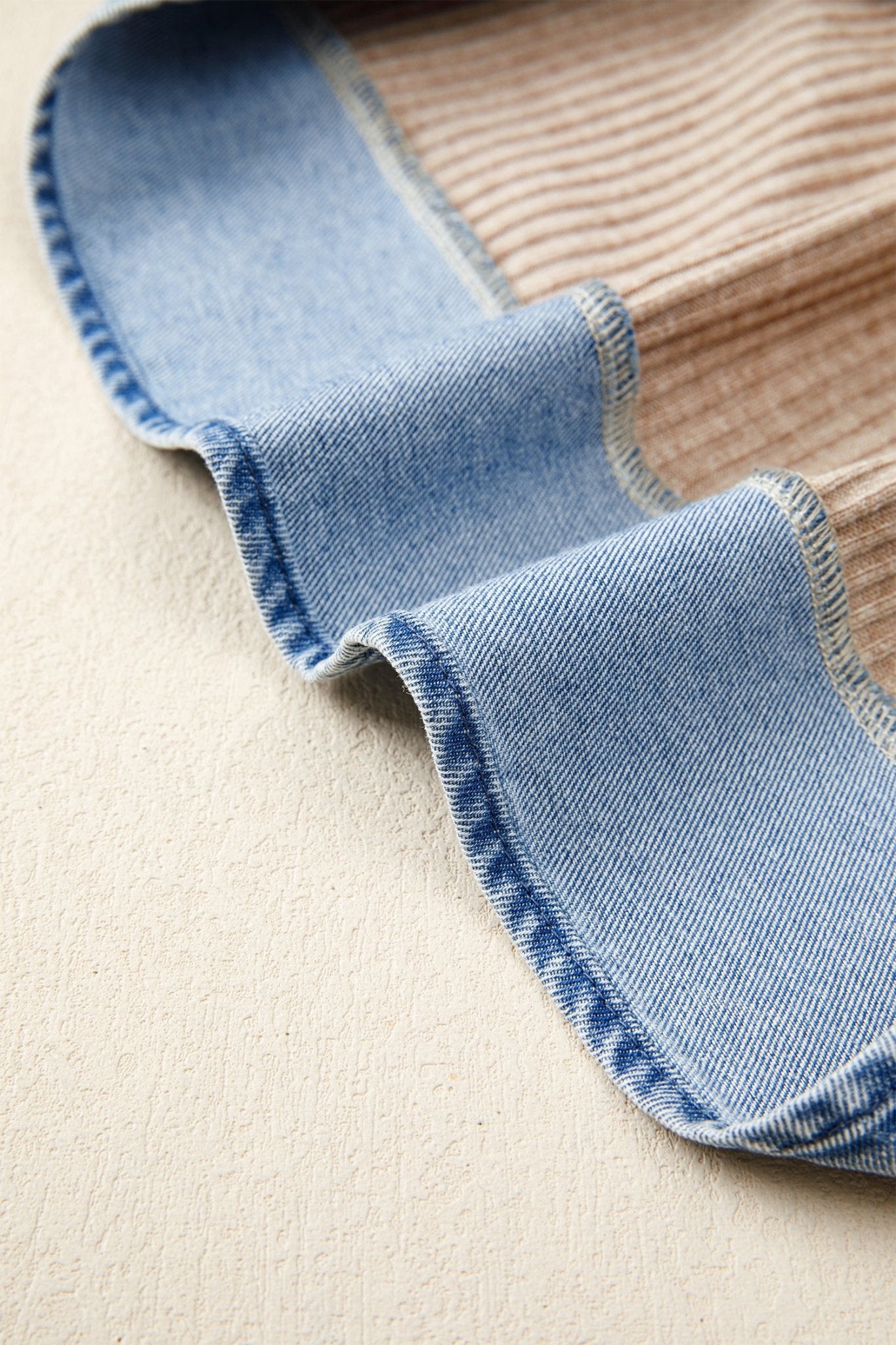 Beige Ribbed Knit Denim Color Block Patchwork Button Detail Collared Blouse - Loving It Shop