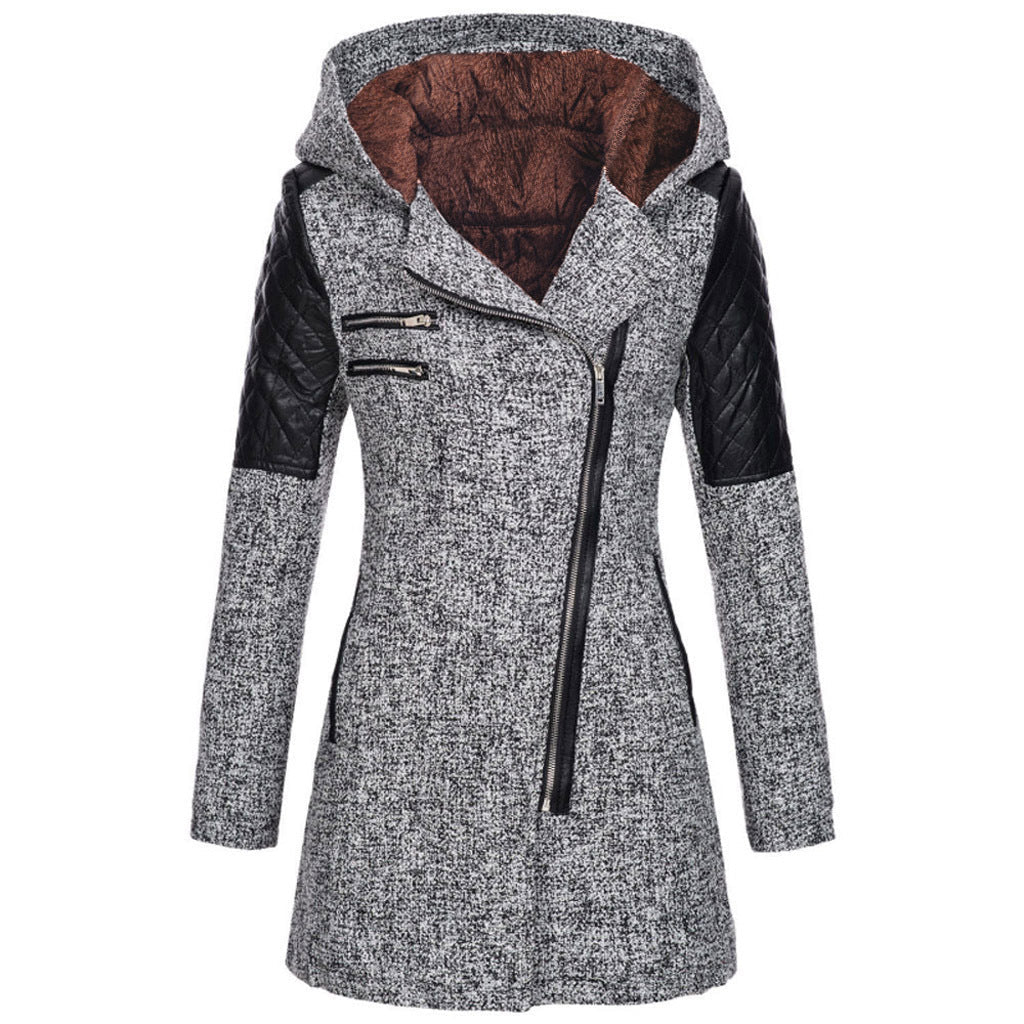 Women Warm Slim Full Zipper Coat Thick Woolen Coat Female Fall Winter Windbreaker Hooded Diagonal Zipper Women&