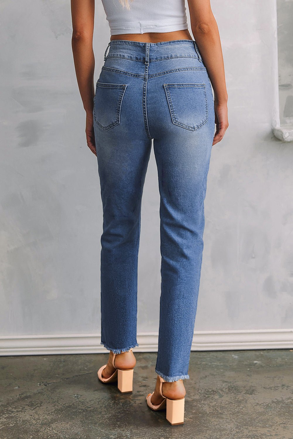 Sky Blue Double Button Raw Hem Slim Fit Jeans - Loving It Shop